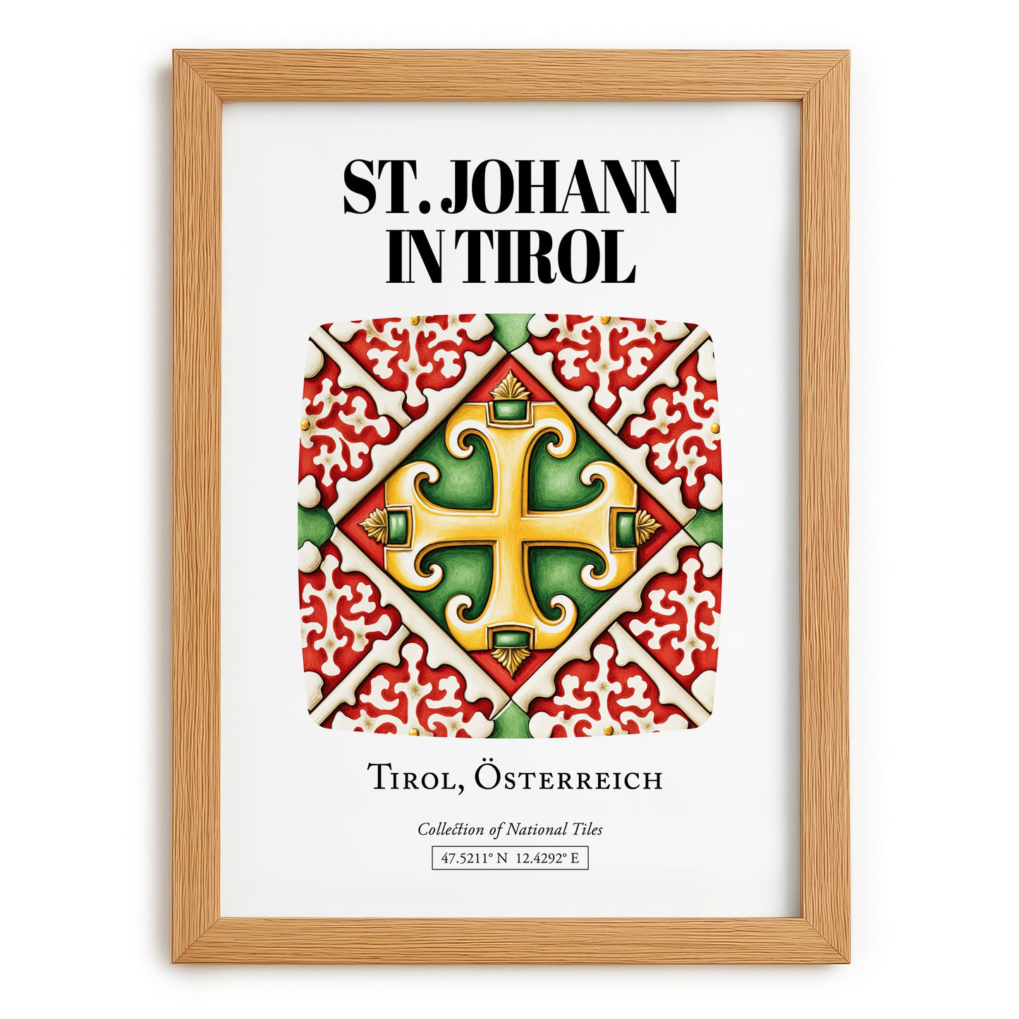 St. Johann In Tirol, Austria – Illustrated Travel Poster, set in oak frame