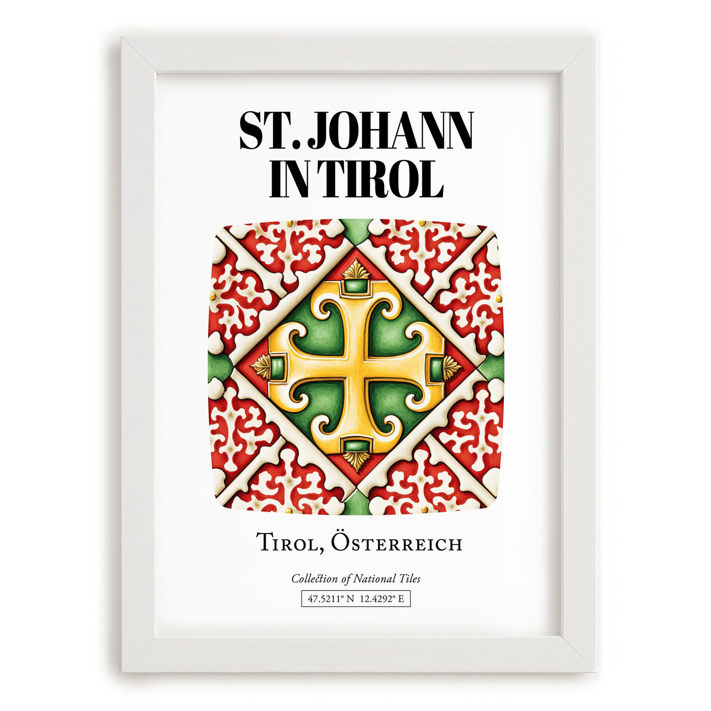 St. Johann In Tirol, Austria – Illustrated Travel Poster, placed in minimal white frame