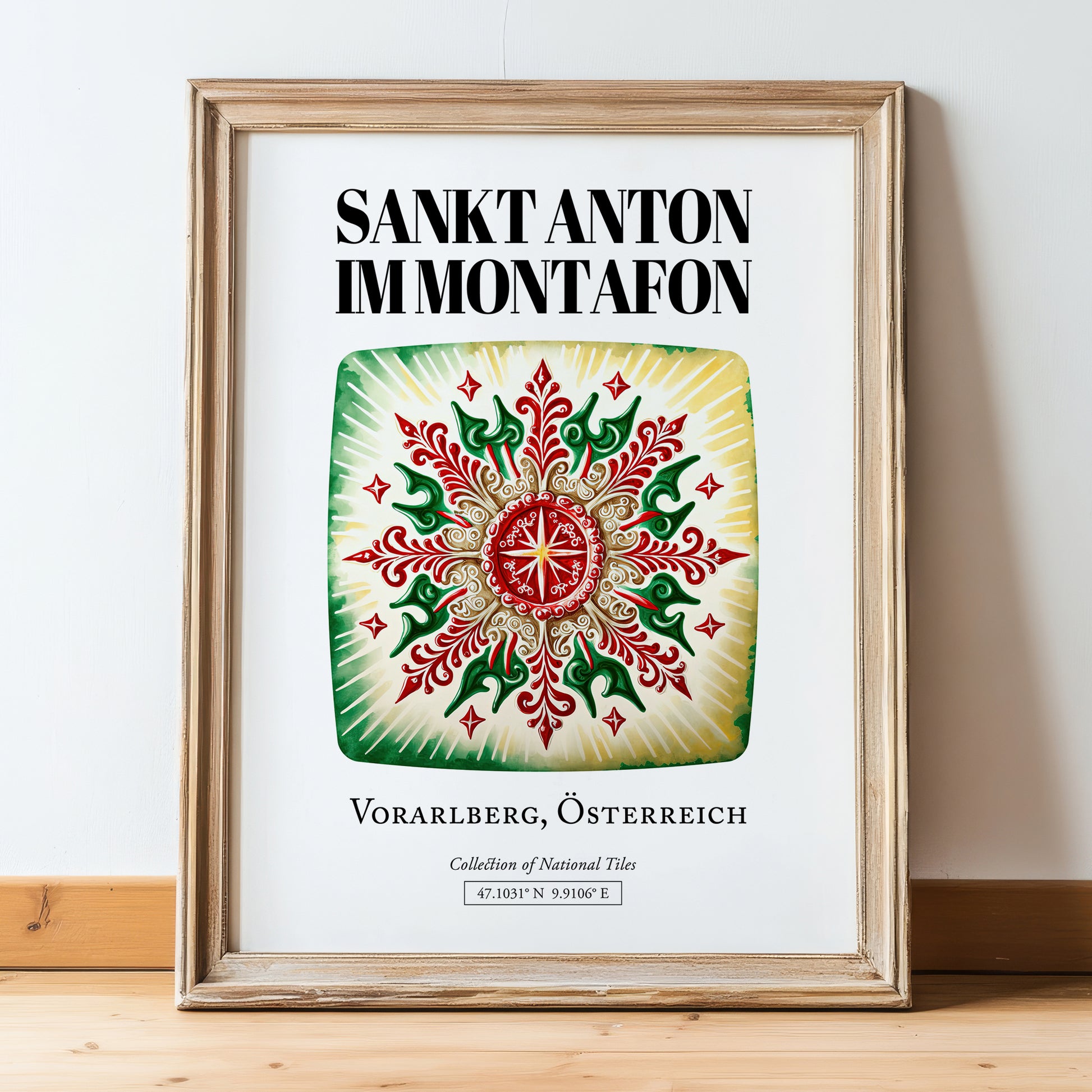 Sankt Anton Im Montafon, Austria – World Travel Art, in wooden frame leaning on the floor