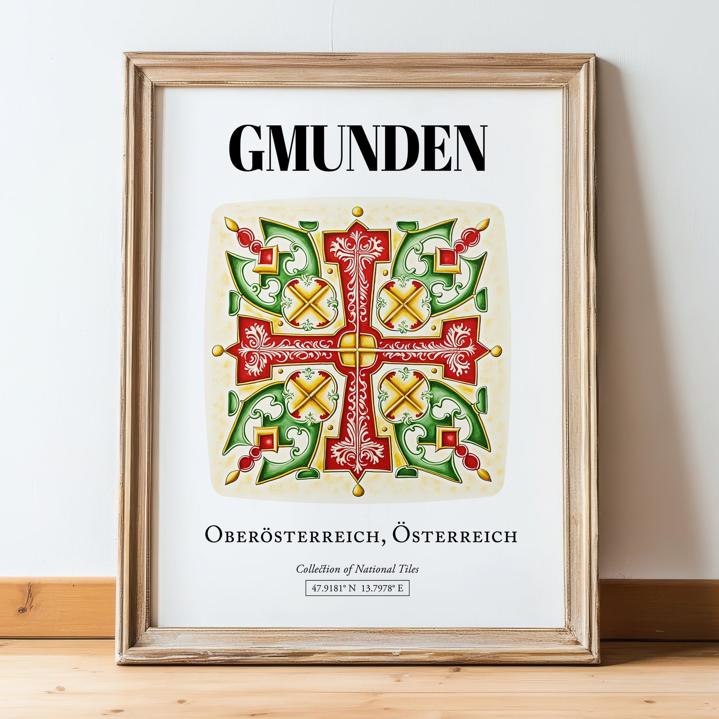 Gmunden, Austria – Travel Poster, in wooden frame leaning on the floor