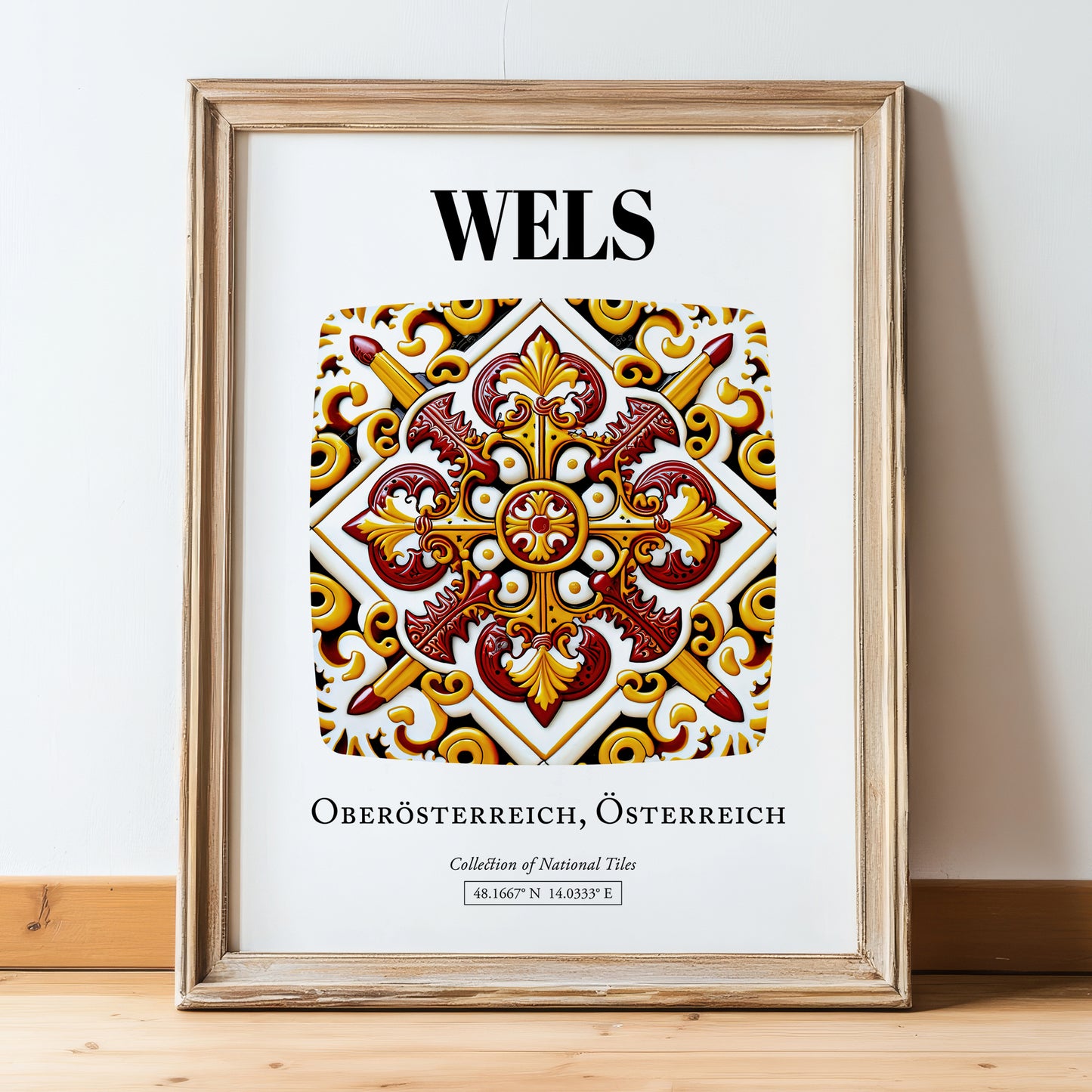 Wels, Austria – Travel Poster, in wooden frame leaning on the floor