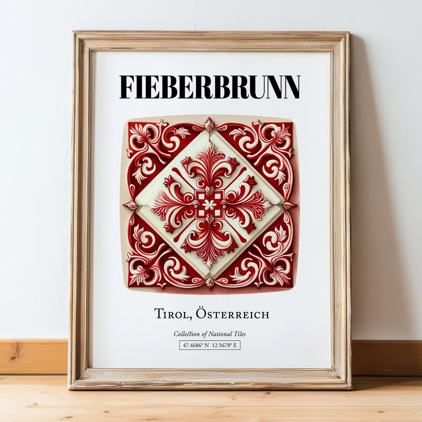 Fieberbrunn, Austria – Tourist Destination Poster, in wooden frame leaning on the floor