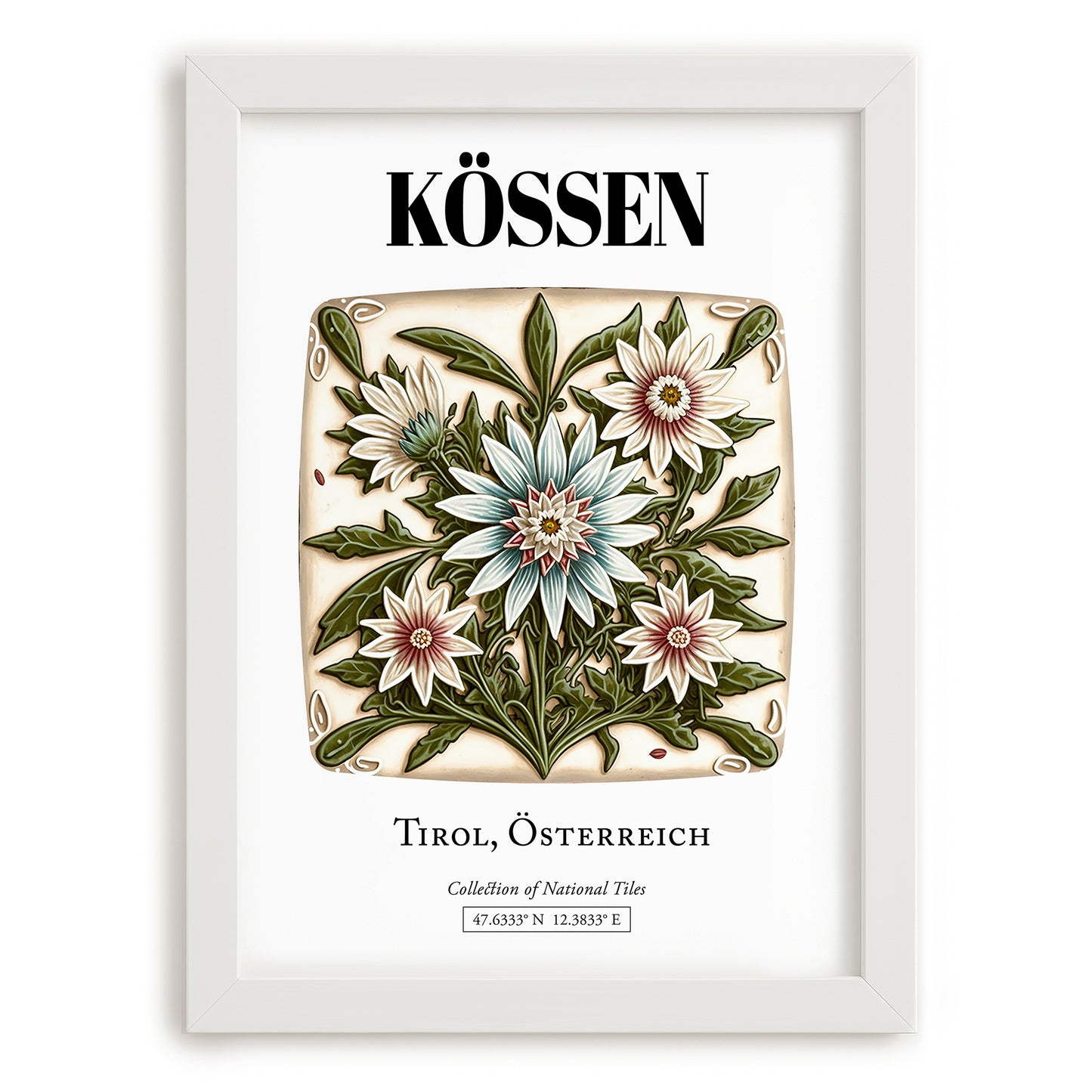Kössen, Austria – Retro Travel Poster, placed in minimal white frame