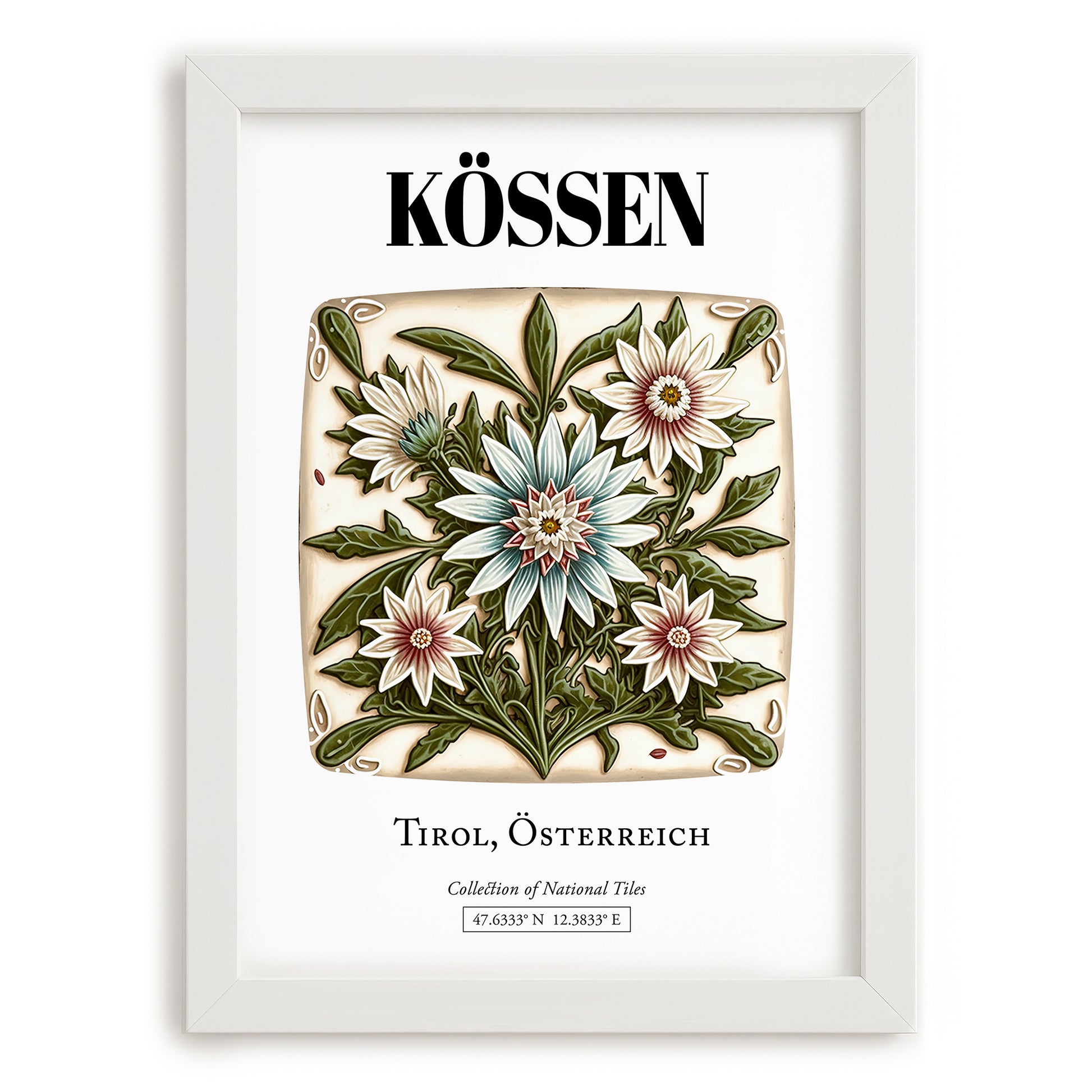 Kössen, Austria – Retro Travel Poster, placed in minimal white frame