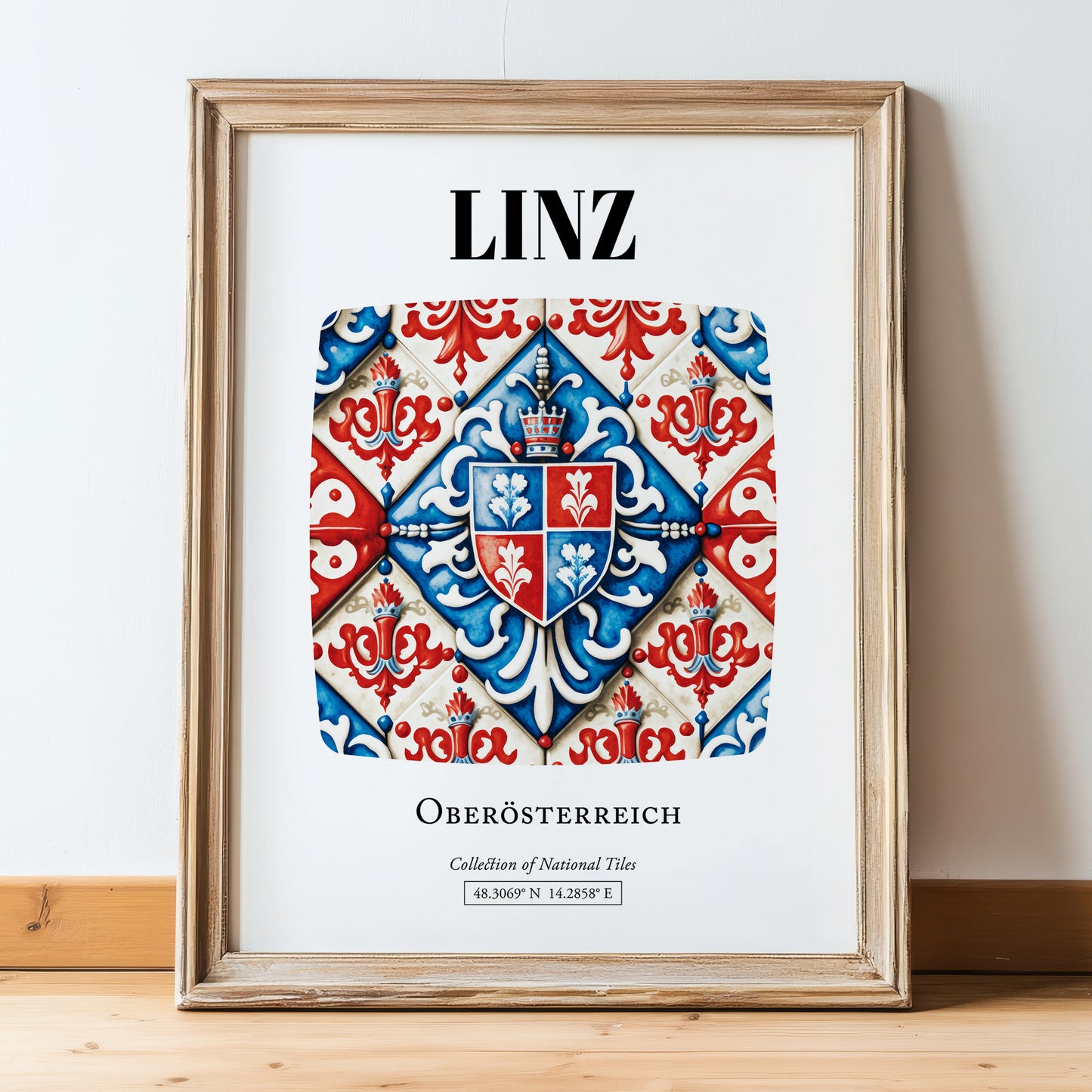 Linz, Austria – Global Cities Wall Print, in wooden frame leaning on the floor
