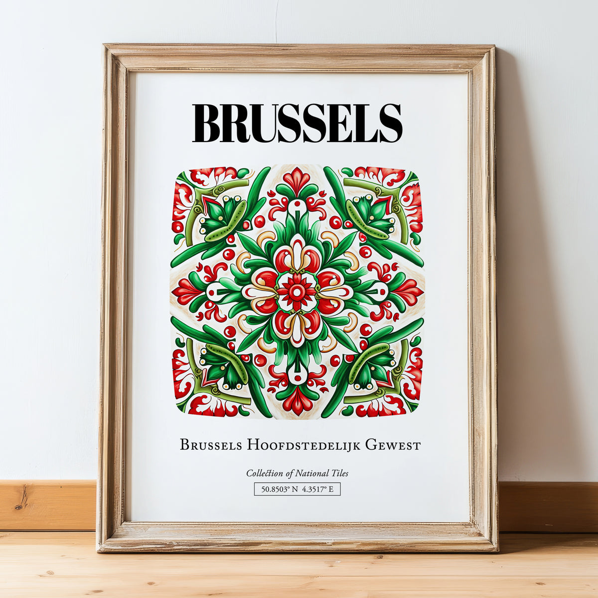 Brussels, België – Travel Wall Art, in wooden frame leaning on the floor