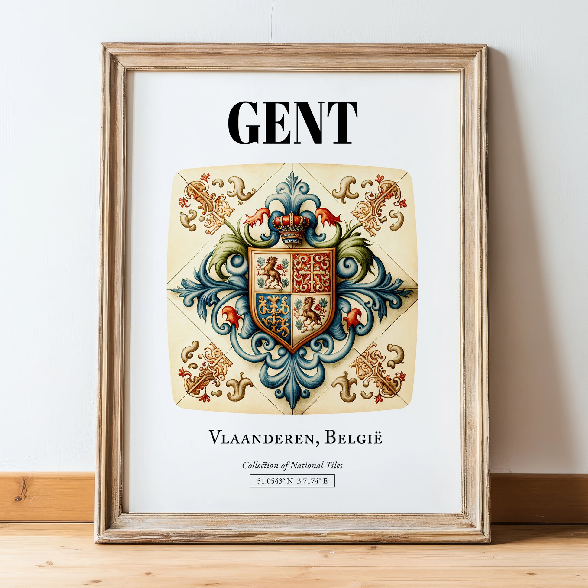 Ghent, Belgium – Travel Poster, in wooden frame leaning on the floor