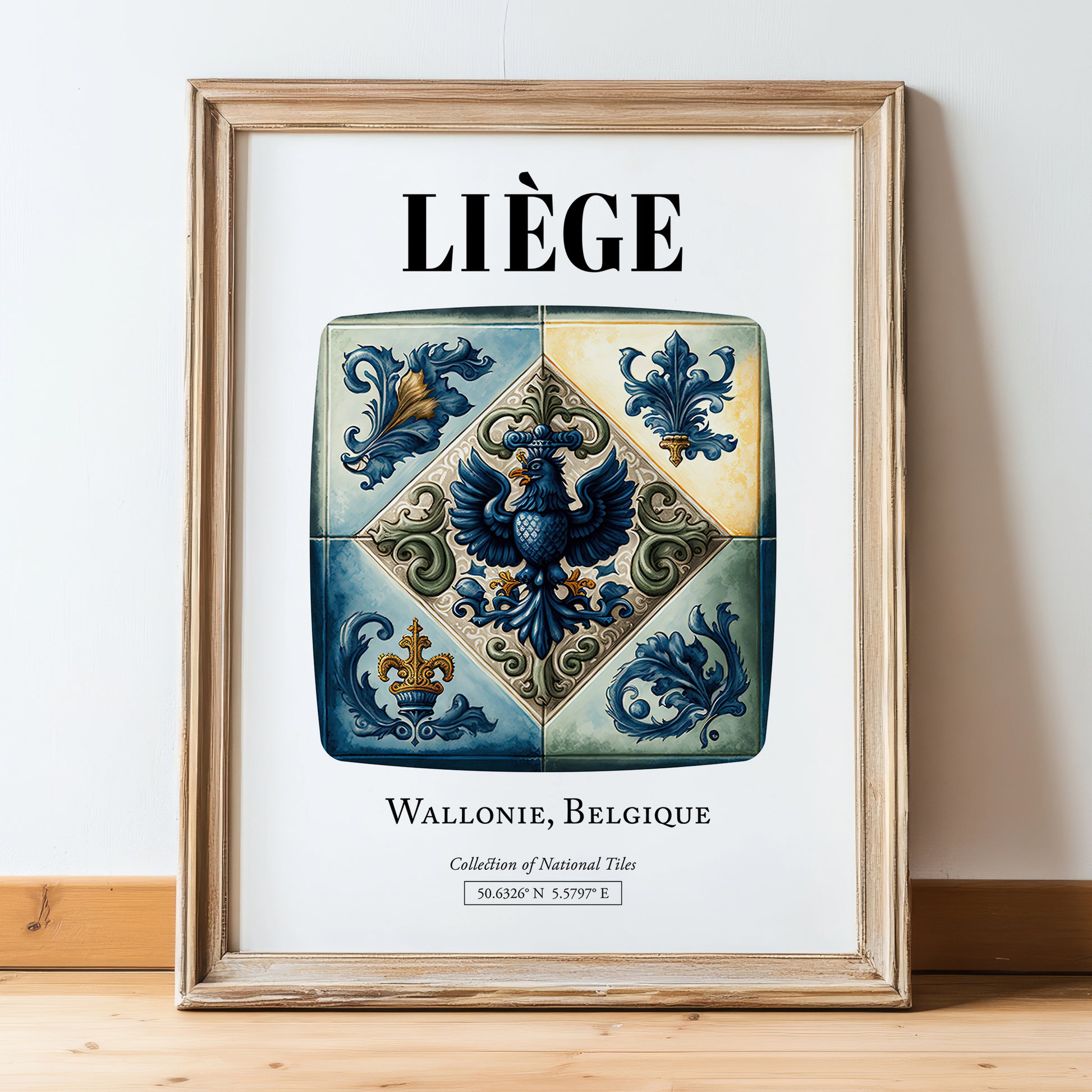 Liège, Belgium – Travel Wall Decor, in wooden frame leaning on the floor