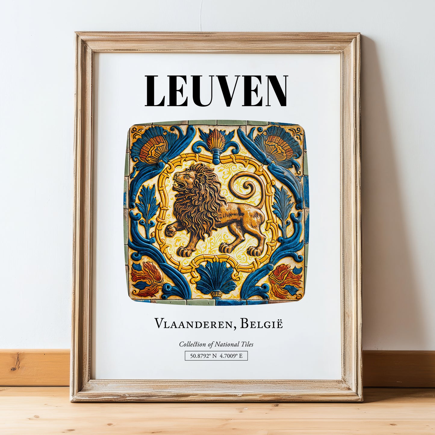 Leuven, Belgium – Travel Wall Art, in wooden frame leaning on the floor