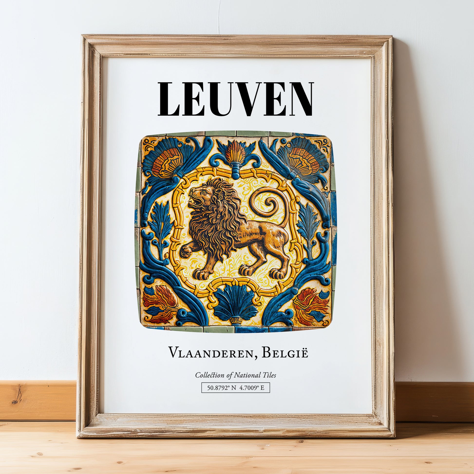 Leuven, Belgium – Travel Wall Art, in wooden frame leaning on the floor