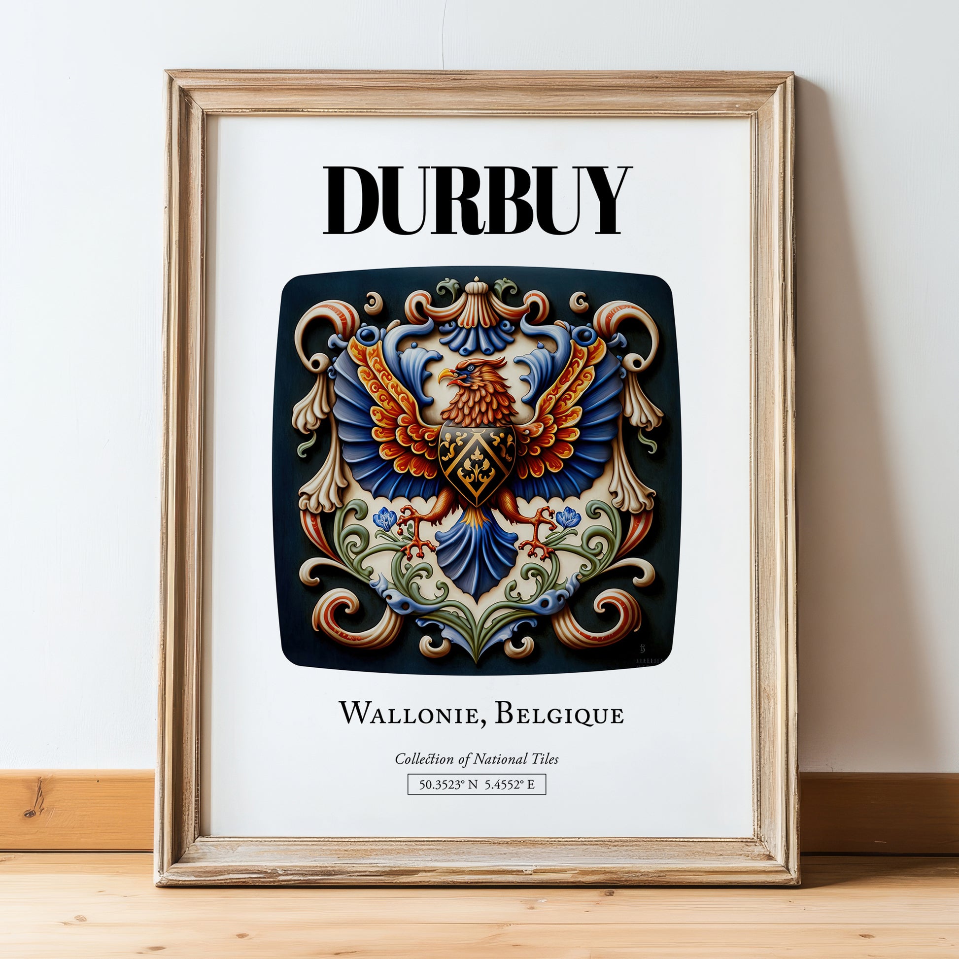 Durbuy, Belgium – Travel Poster, in wooden frame leaning on the floor