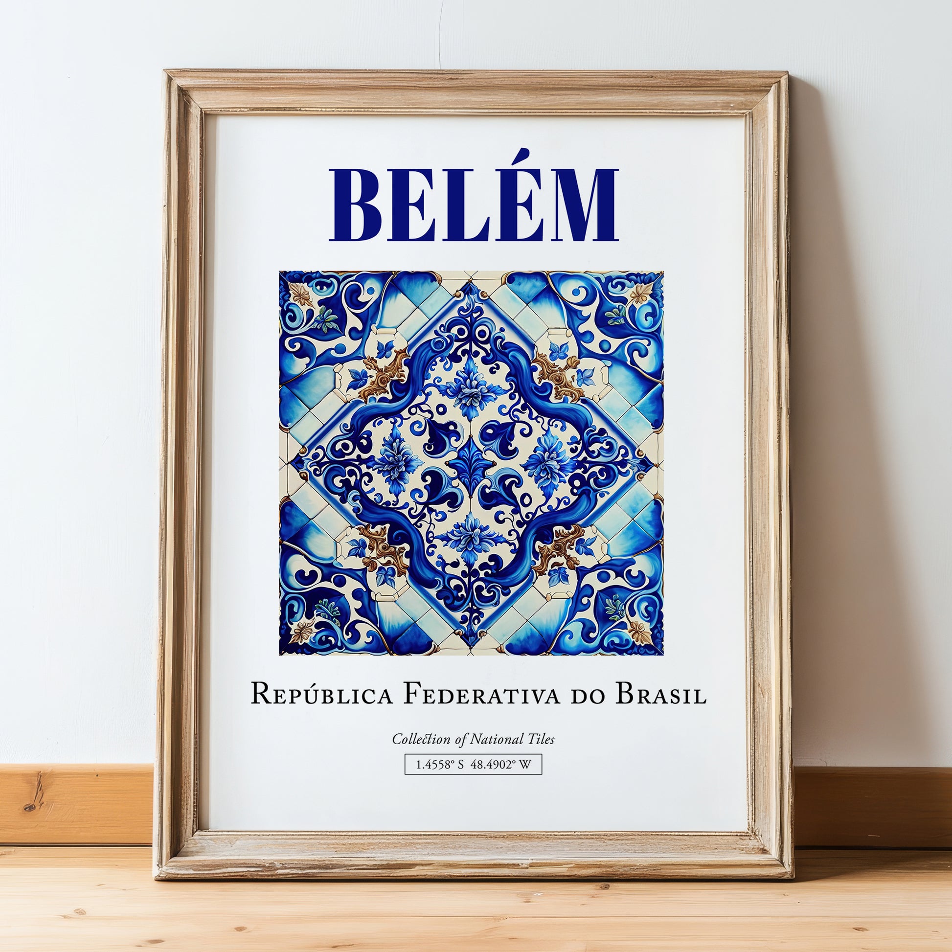 Belém, Brasil – Travel Poster, in wooden frame leaning on the floor