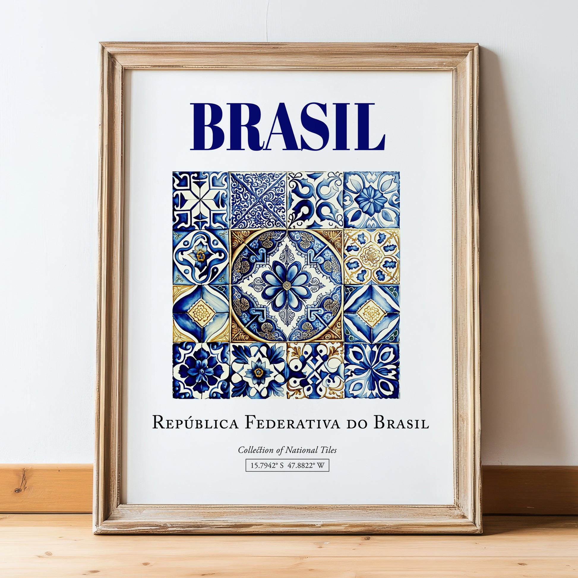 Azulejo, Brasil – Travel Poster, in wooden frame leaning on the floor
