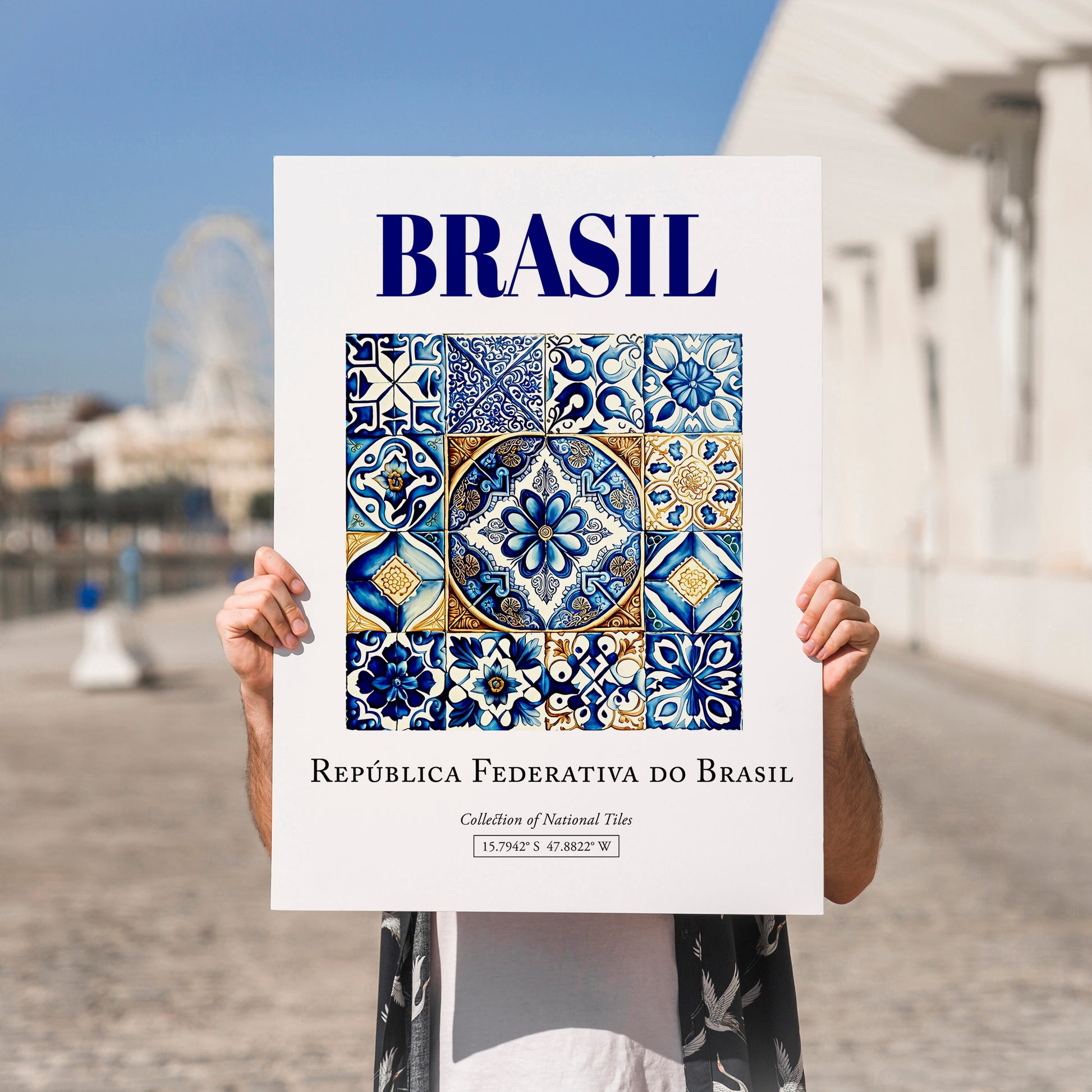 Azulejo, Brasil – Travel Poster, no-text version framed in wood