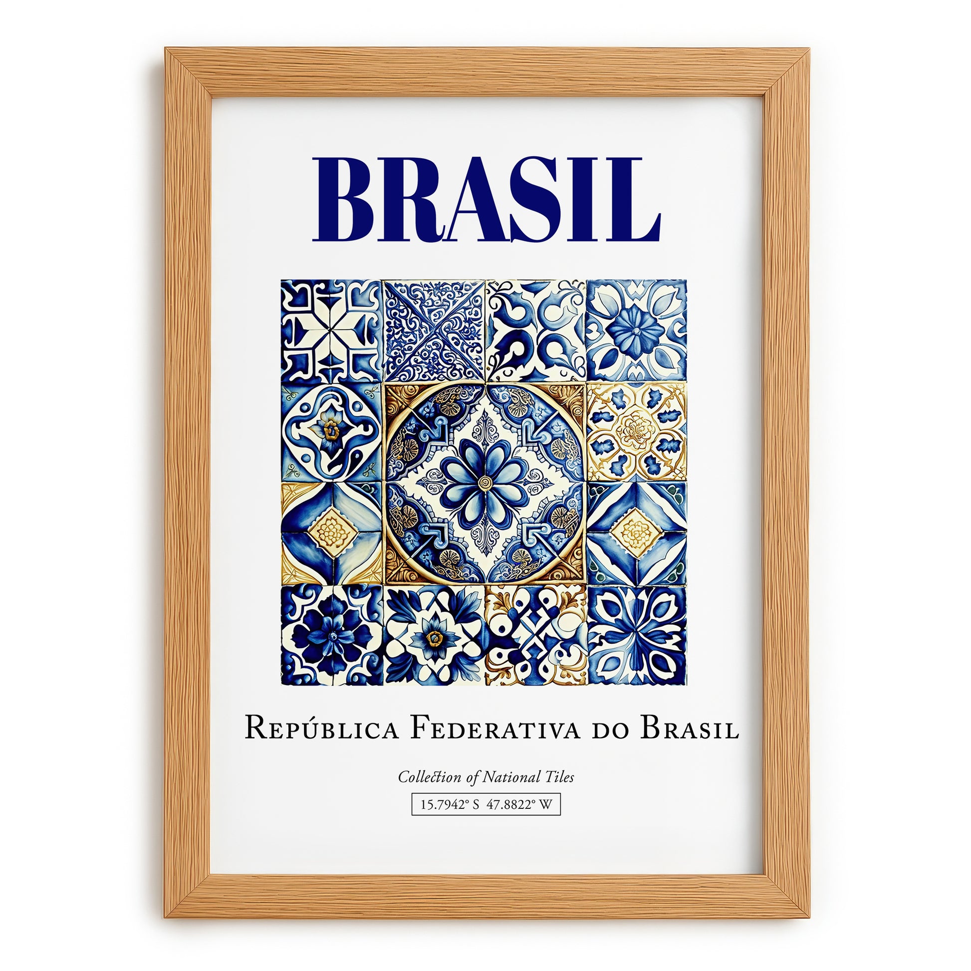 Azulejo, Brasil – Travel Poster, set in oak frame