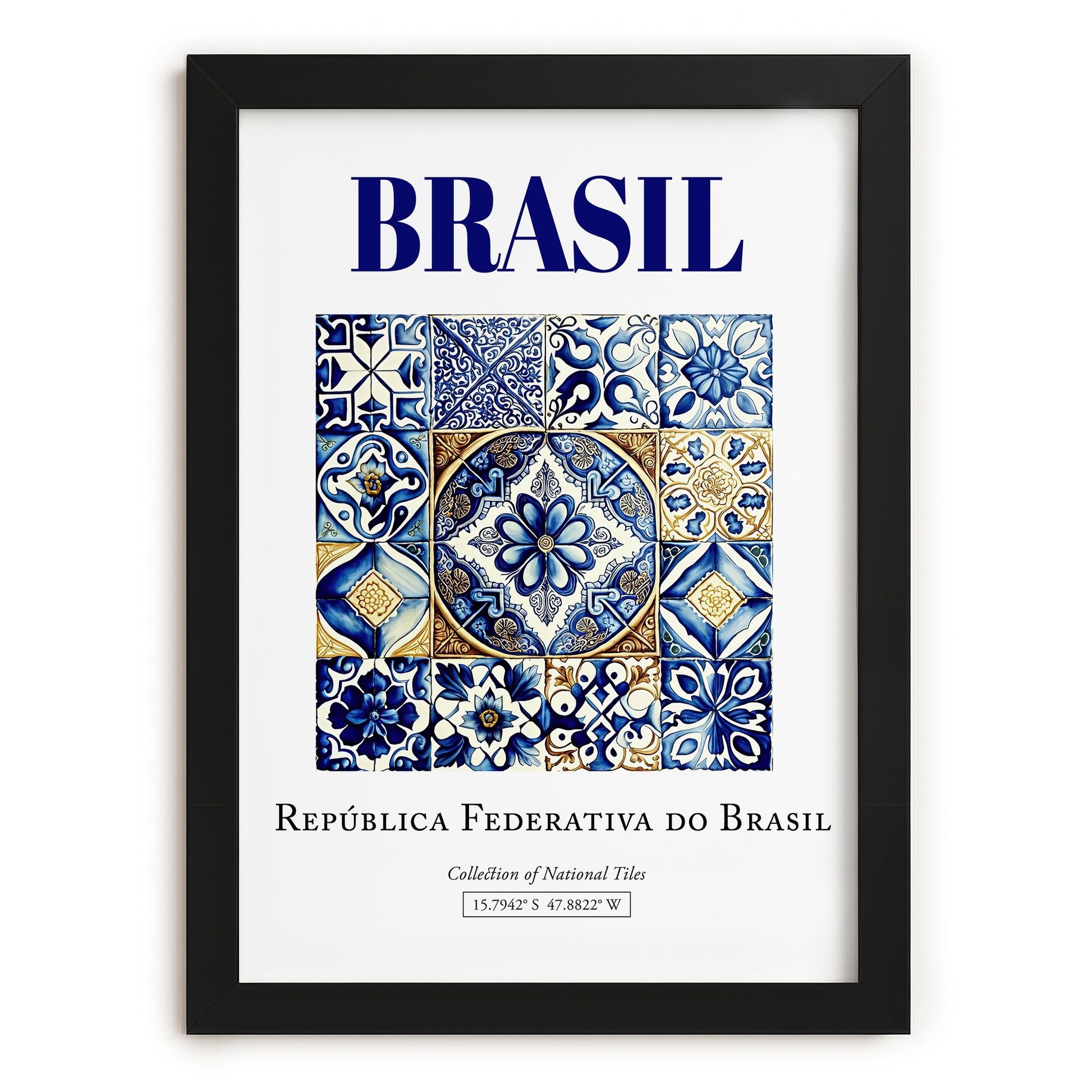 Azulejo, Brasil – Travel Poster, in sleek black frame