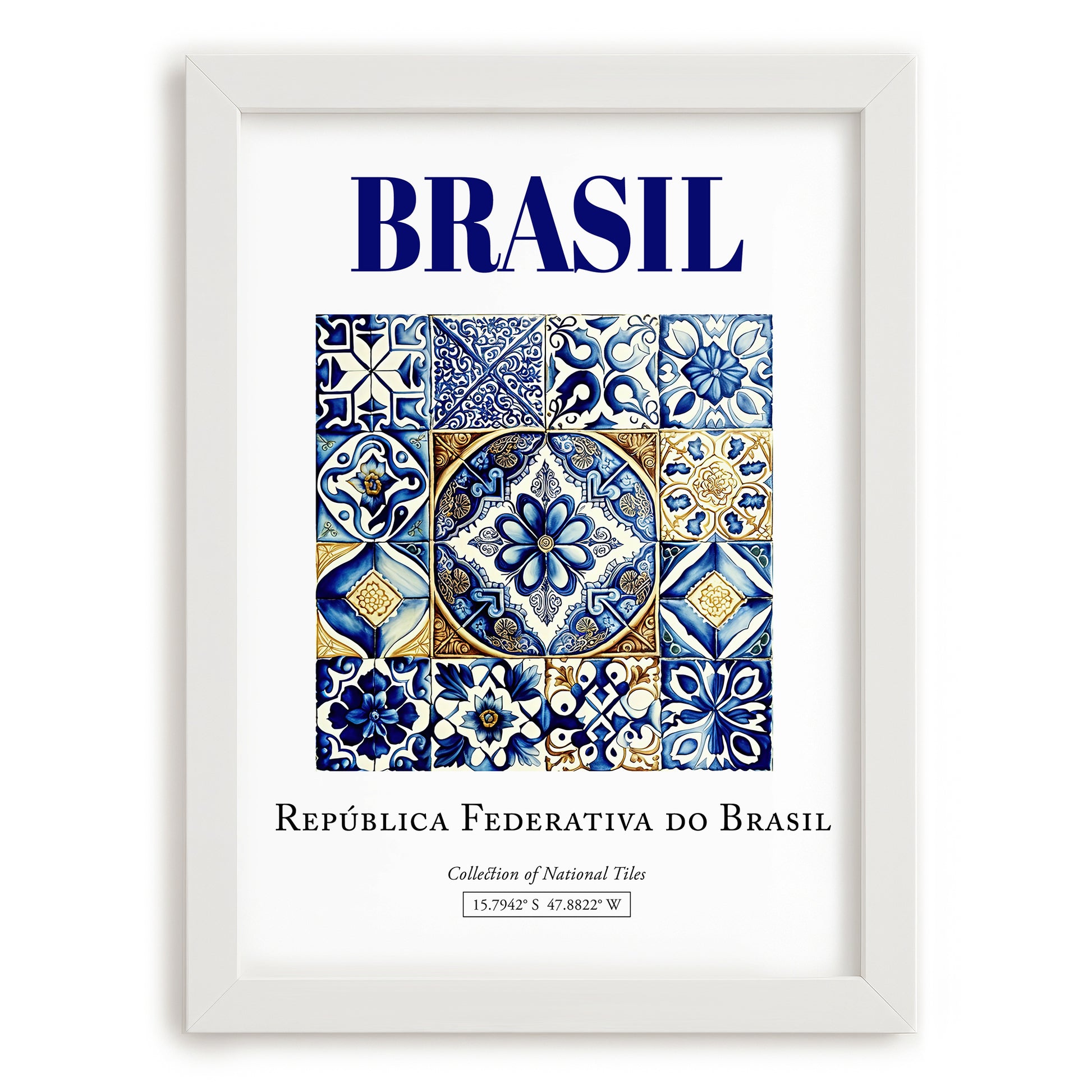 Azulejo, Brasil – Travel Poster, placed in minimal white frame