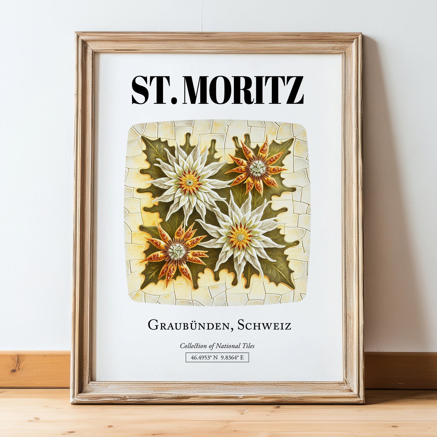St. Moritz, Switzerland – World Heritage Travel Poster, in wooden frame leaning on the floor
