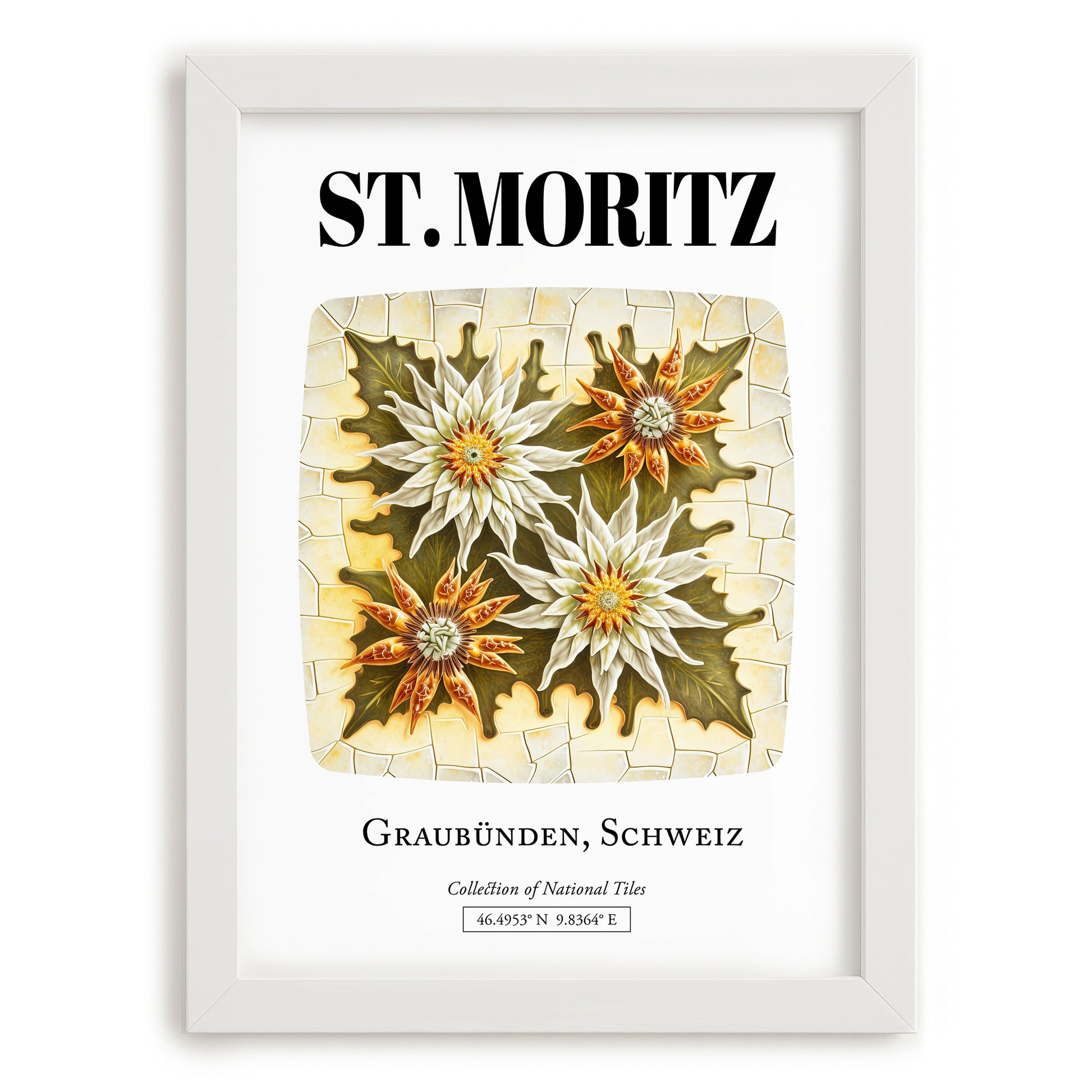 St. Moritz, Switzerland – World Heritage Travel Poster, placed in minimal white frame