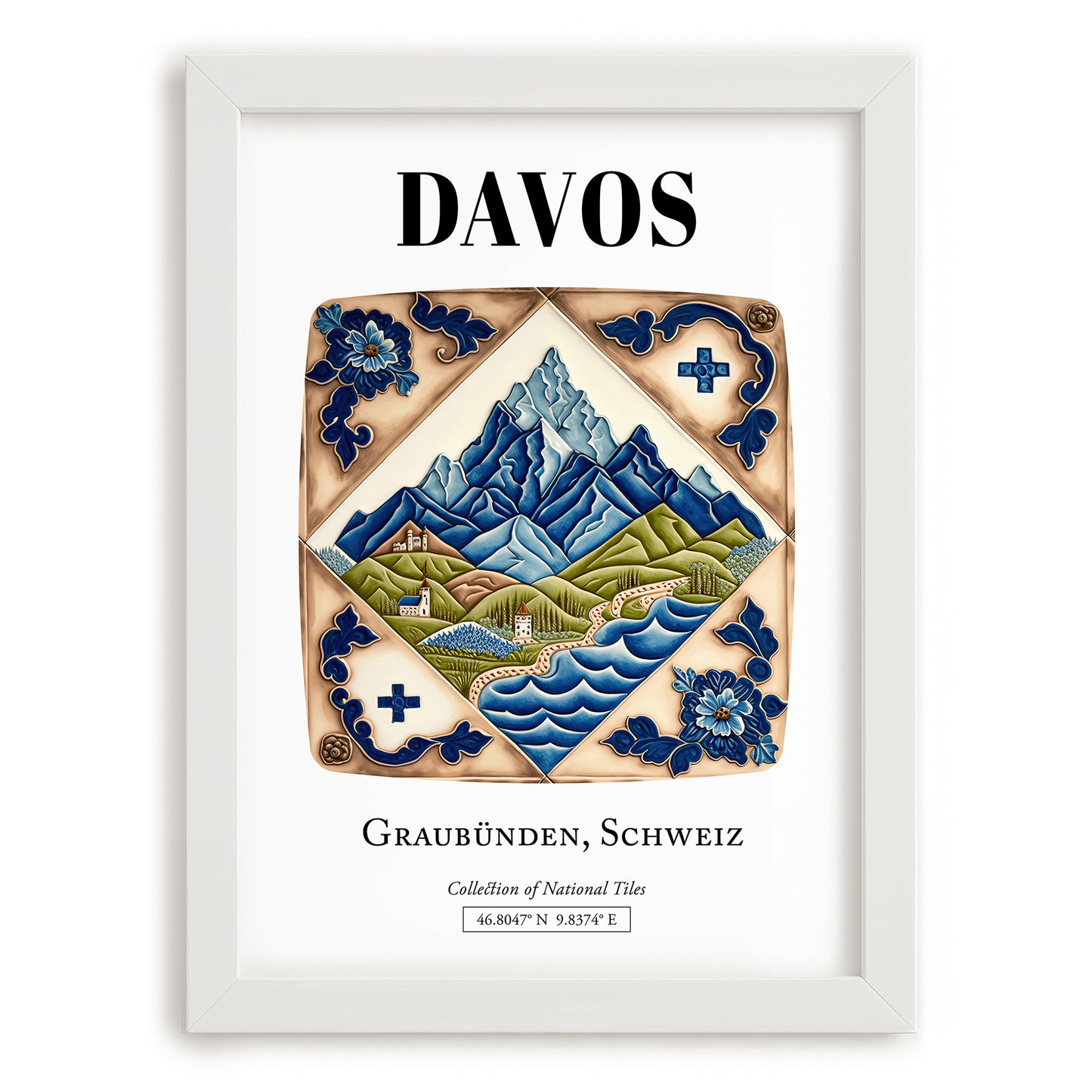 Davos, Switzerland – World Travel Art, placed in minimal white frame