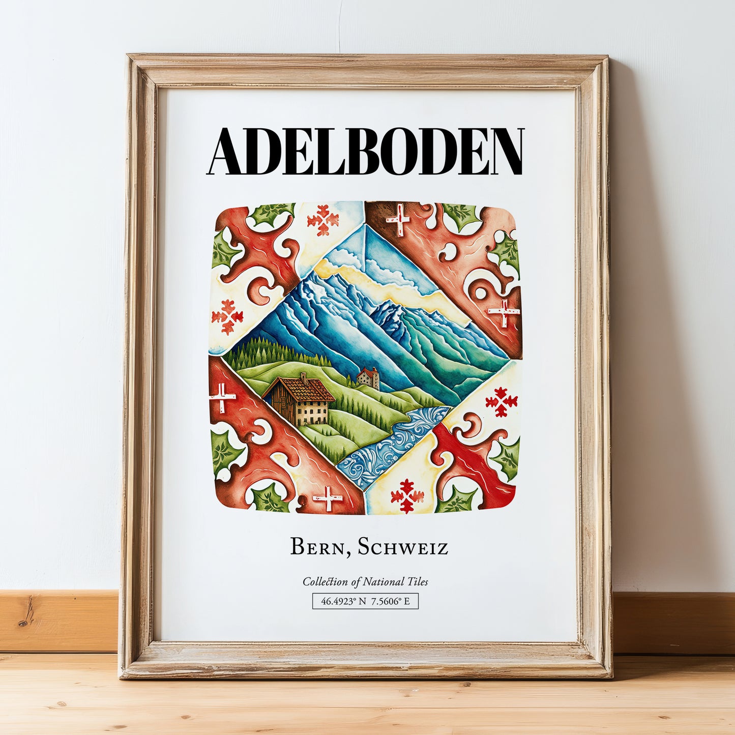 Adelboden, Switzerland – Travel Poster, in wooden frame leaning on the floor