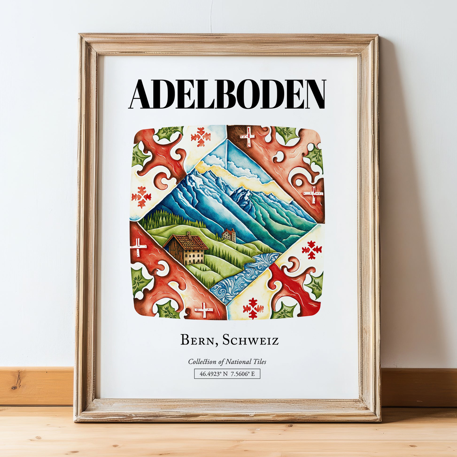 Adelboden, Switzerland – Travel Poster, in wooden frame leaning on the floor