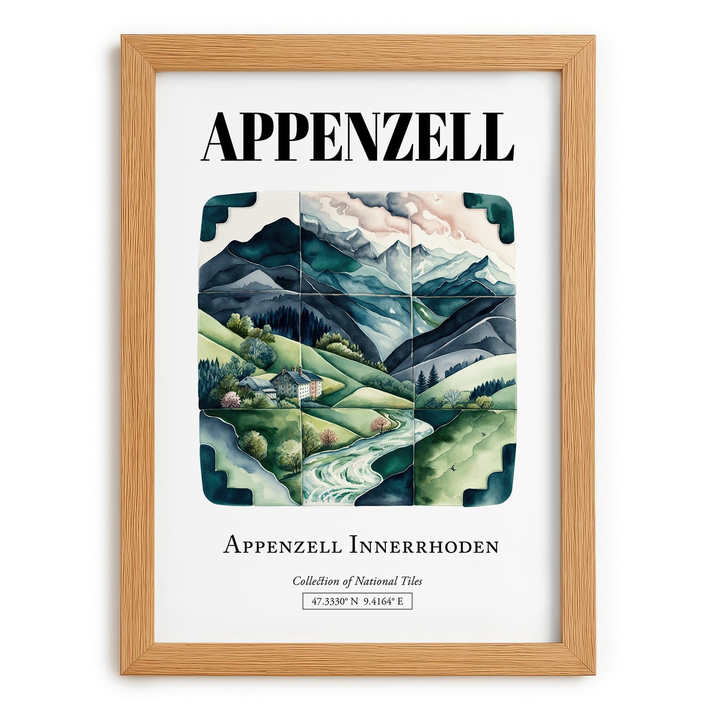 Appenzell, Switzerland – Illustrated Travel Poster, set in oak frame