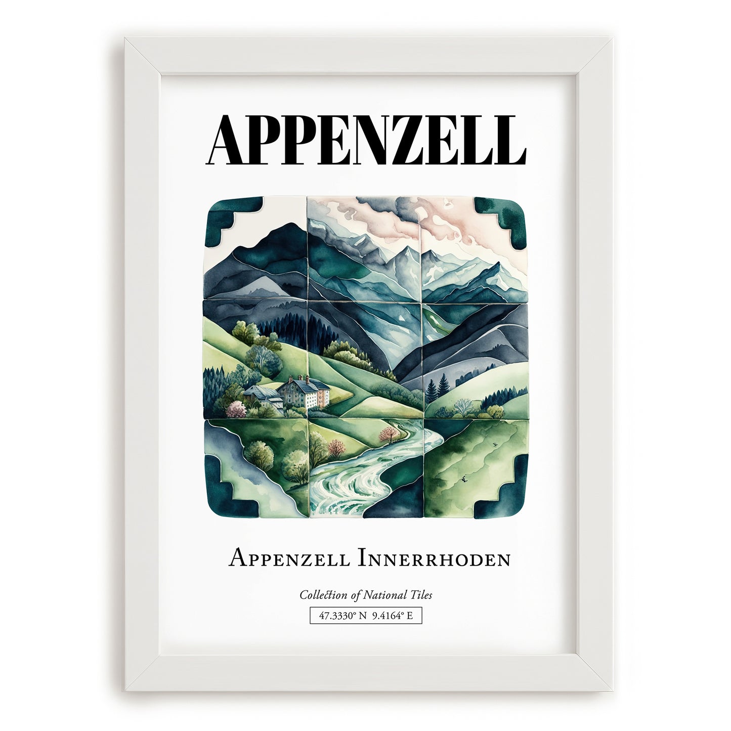 Appenzell, Switzerland – Illustrated Travel Poster, placed in minimal white frame