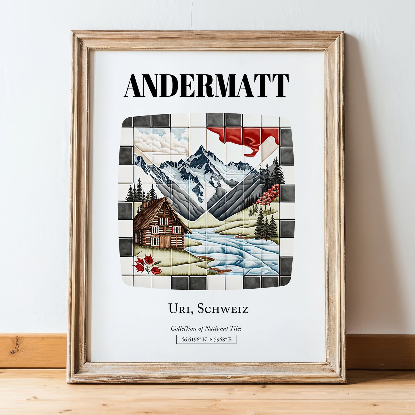 Andermatt, Switzerland – Travel Poster, in wooden frame leaning on the floor