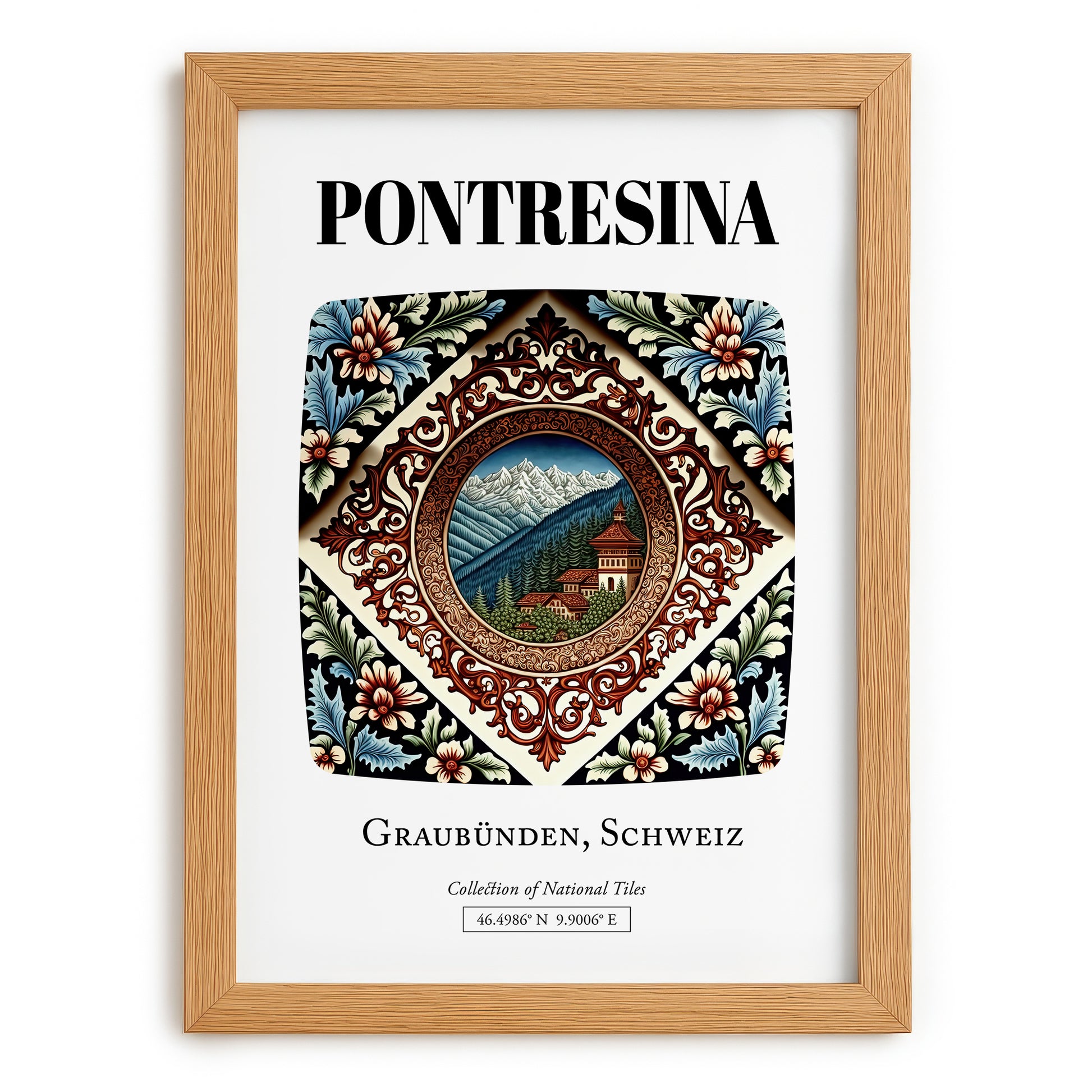 Pontresina, Switzerland – Travel Poster, set in oak frame
