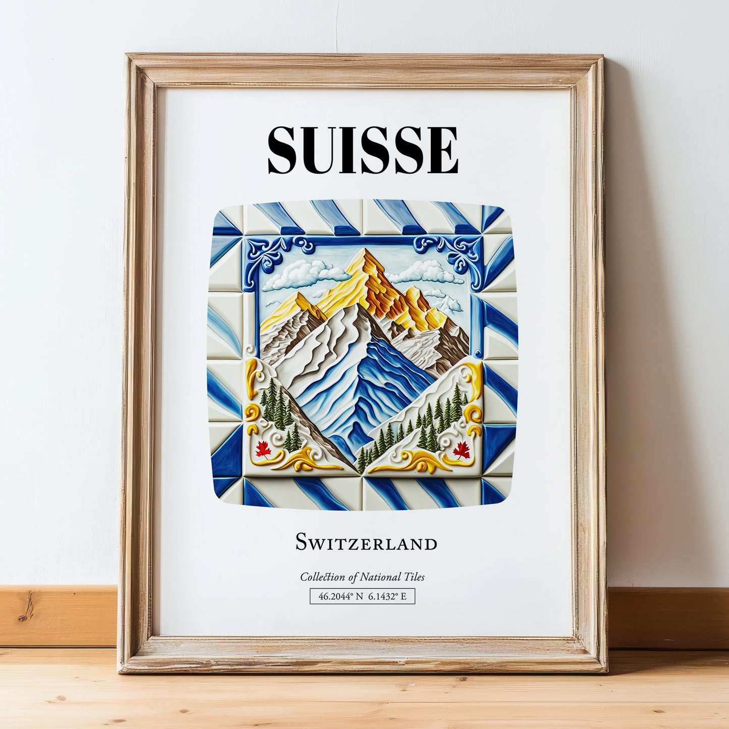 Suisse, Switzerland – Travel Print, in wooden frame leaning on the floor