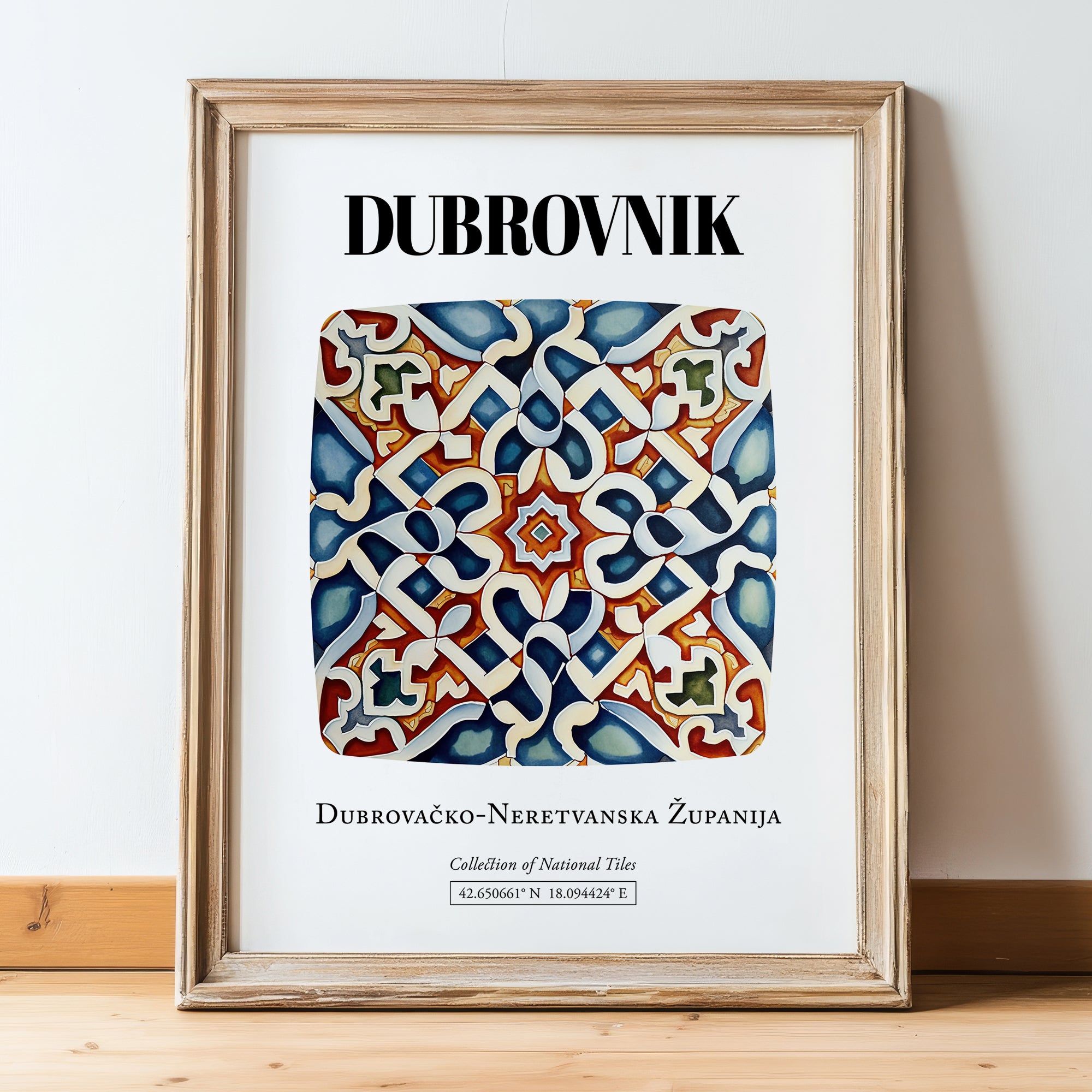 Dubrovnik, Croatia – Travel Poster, in wooden frame leaning on the floor
