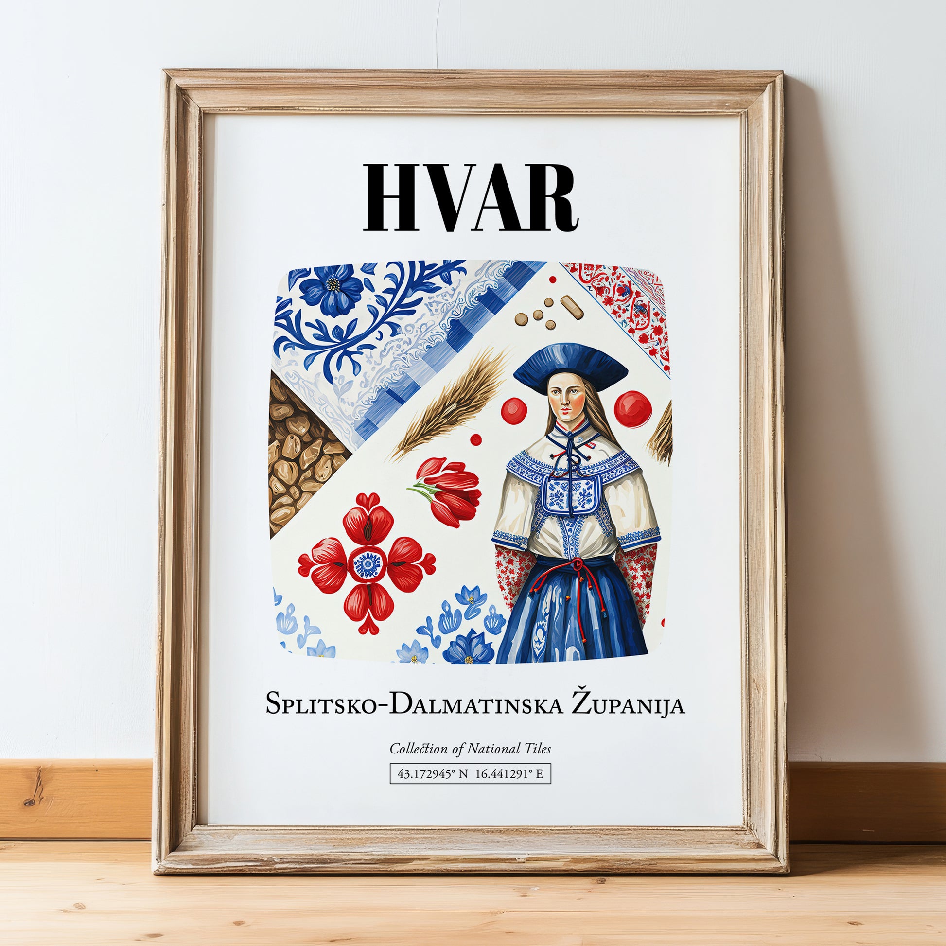 Hvar, Croatia – Travel Poster, in wooden frame leaning on the floor