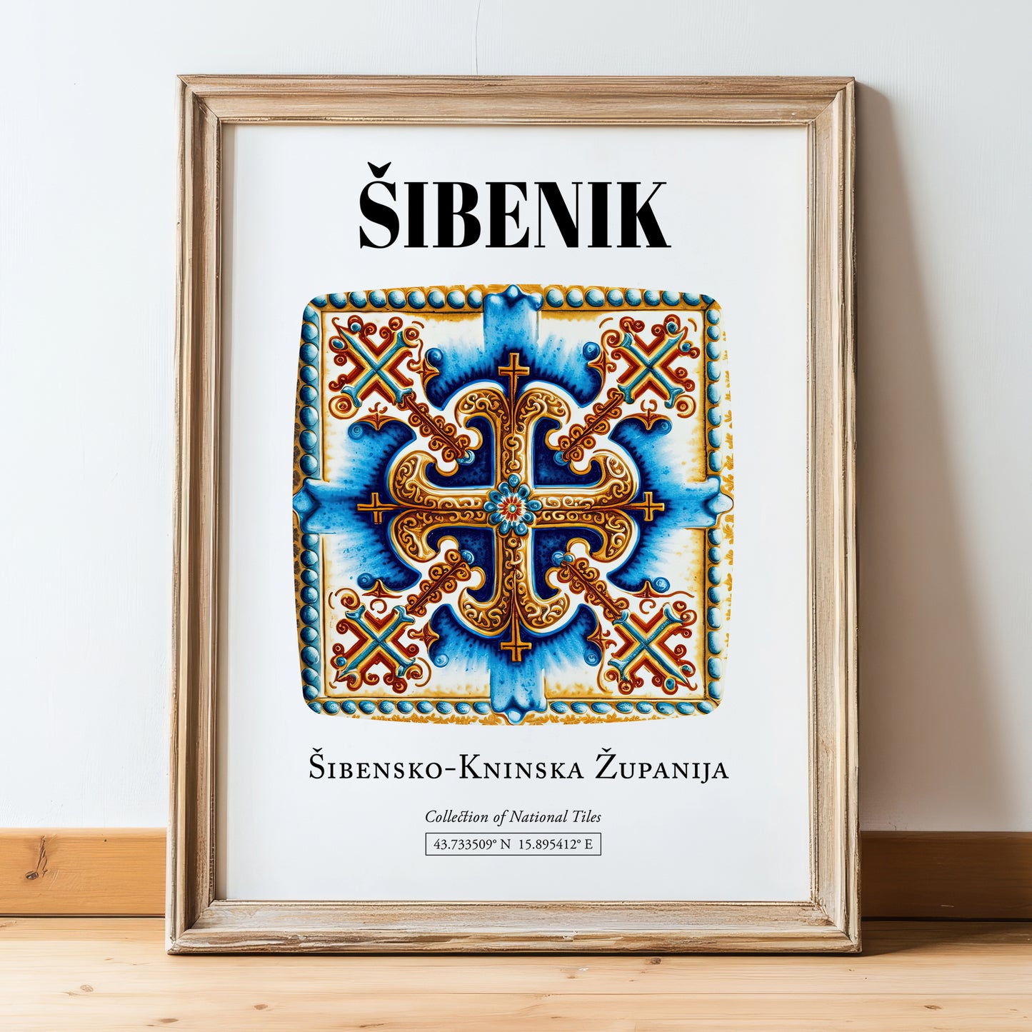 Šibenik, Croatia – Travel Print, in wooden frame leaning on the floor