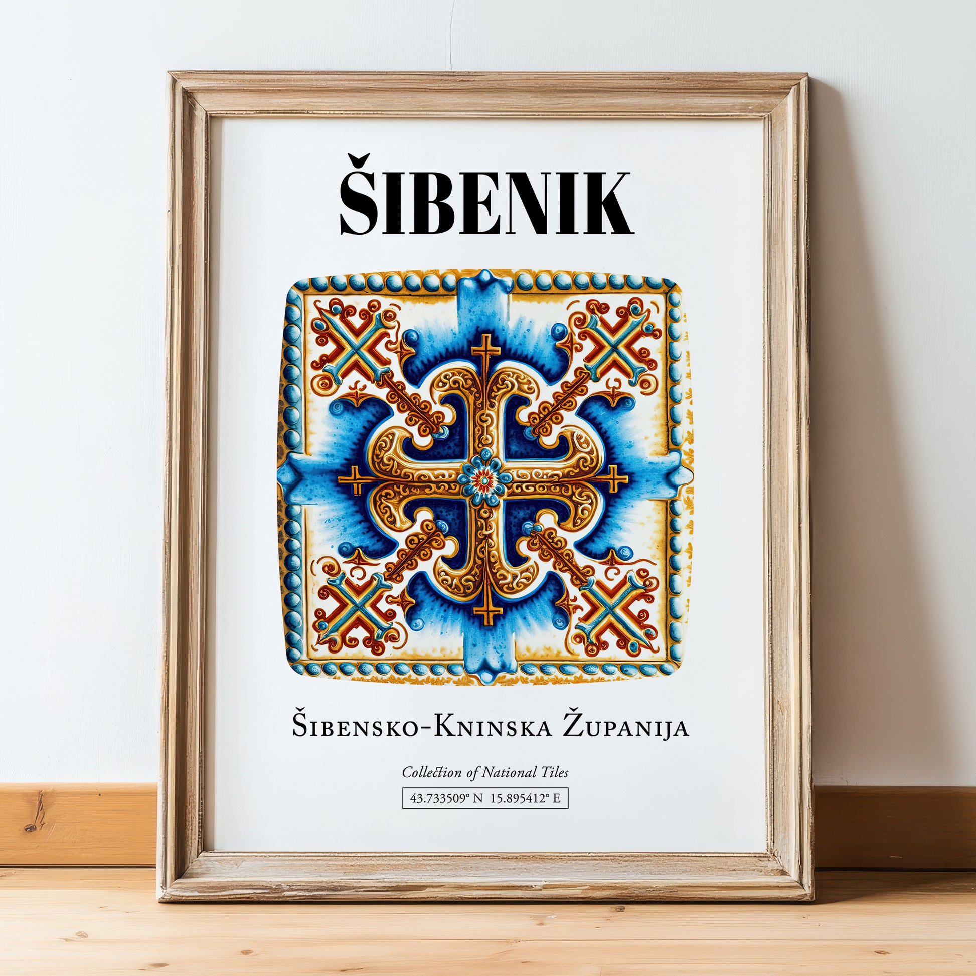 Šibenik, Croatia – Travel Print, in wooden frame leaning on the floor