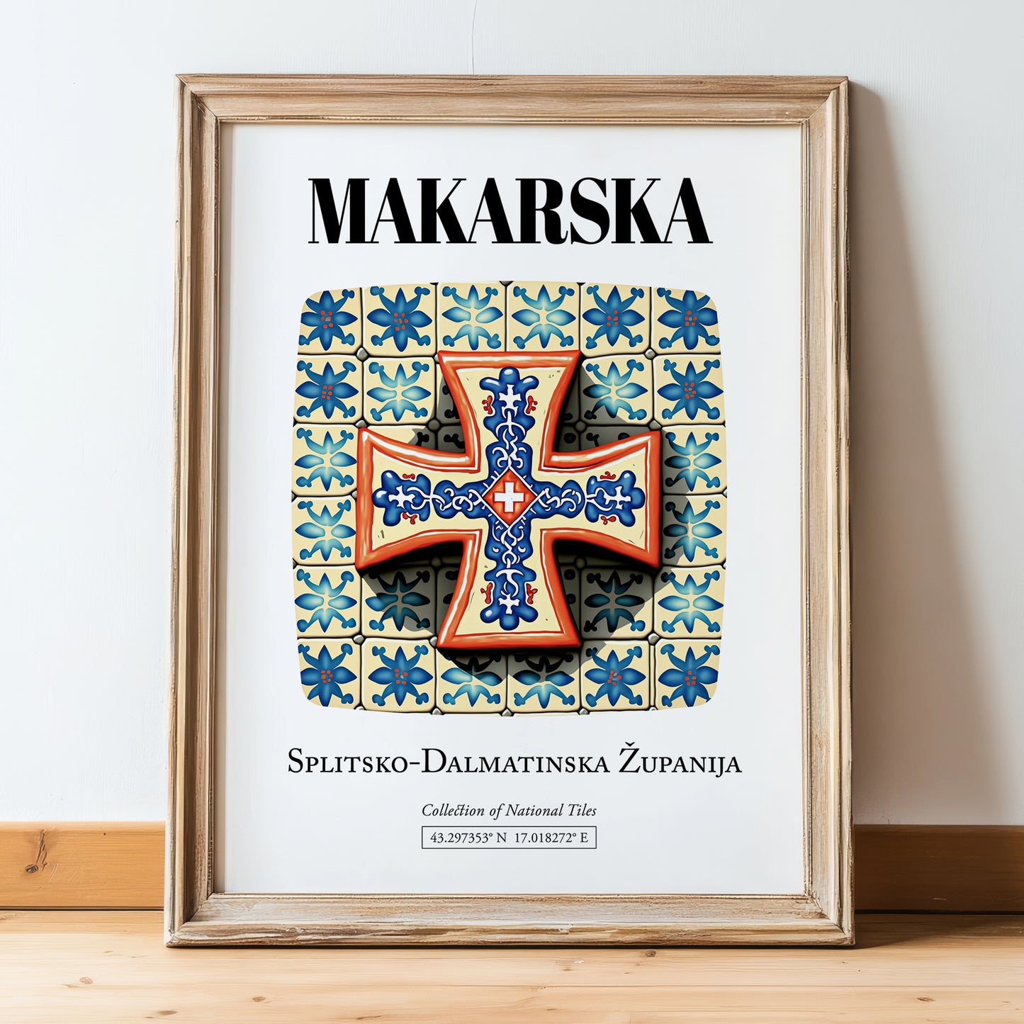 Makarska, Croatia – Retro Travel Poster, in wooden frame leaning on the floor