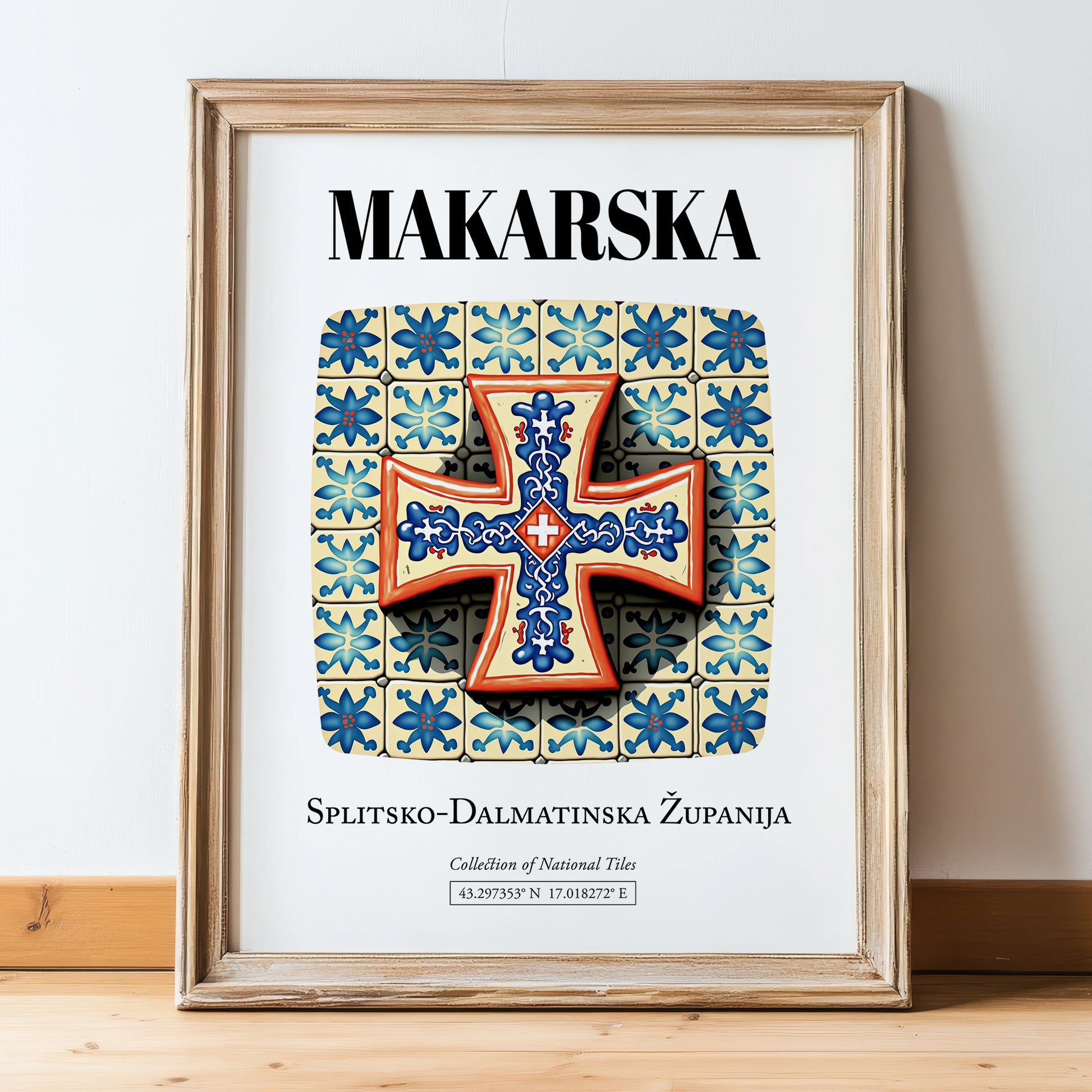 Makarska, Croatia – Retro Travel Poster, in wooden frame leaning on the floor