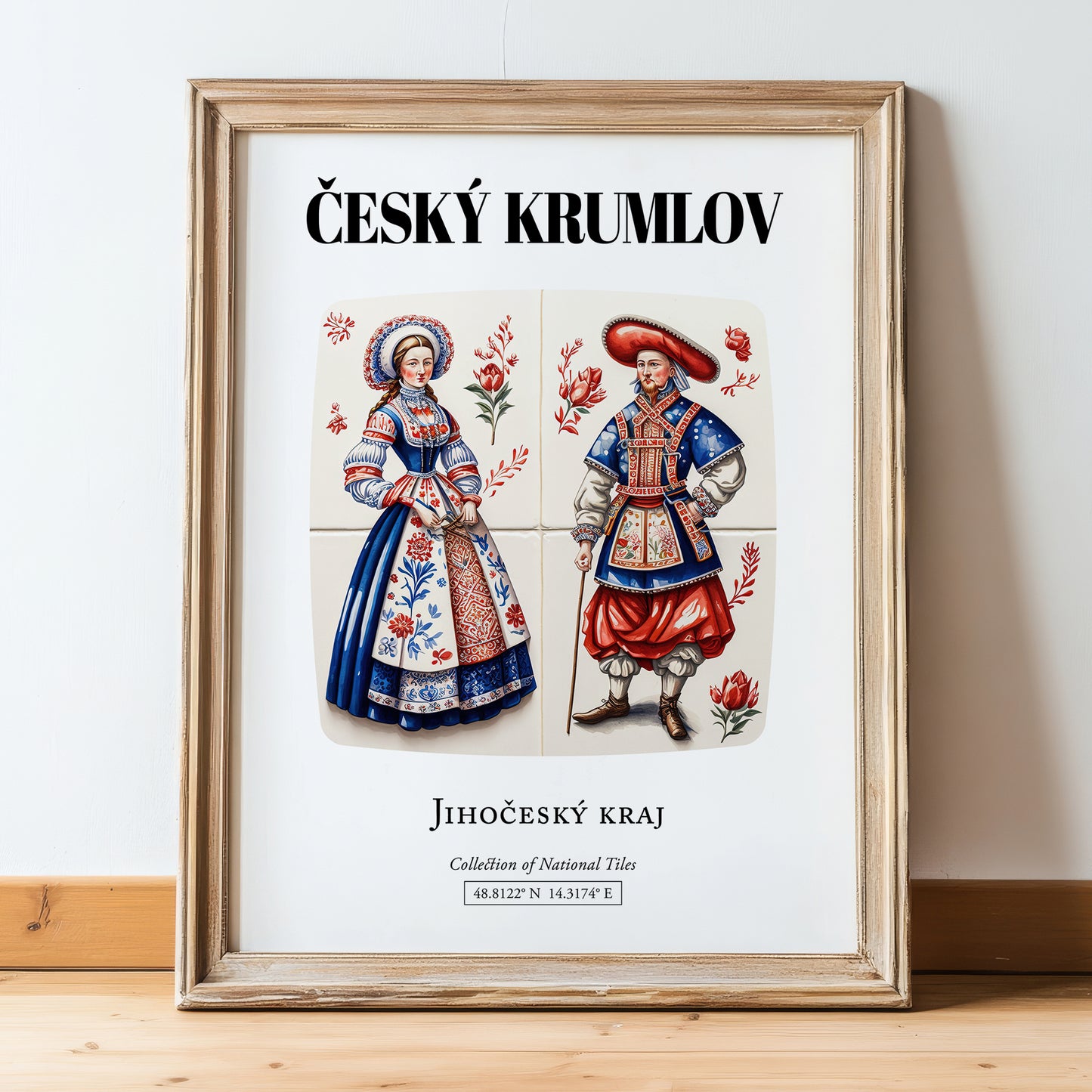 Český Krumlov, Czech Republic – Global Cities Wall Print, in wooden frame leaning on the floor