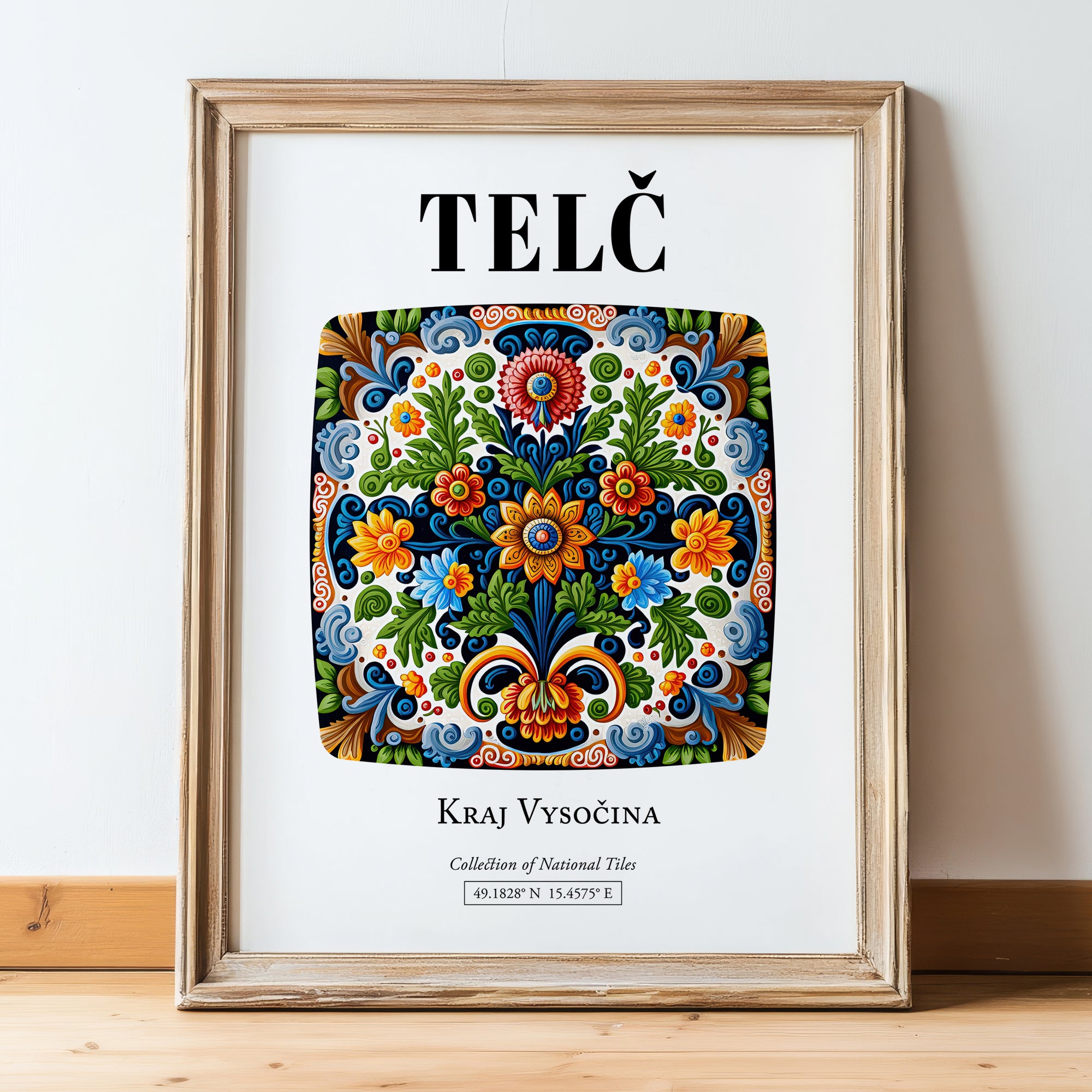 Telč, Czech Republic – Illustrated Travel Poster, in wooden frame leaning on the floor