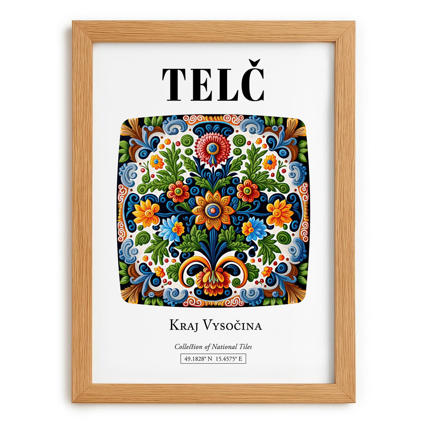 Telč, Czech Republic – Illustrated Travel Poster, set in oak frame