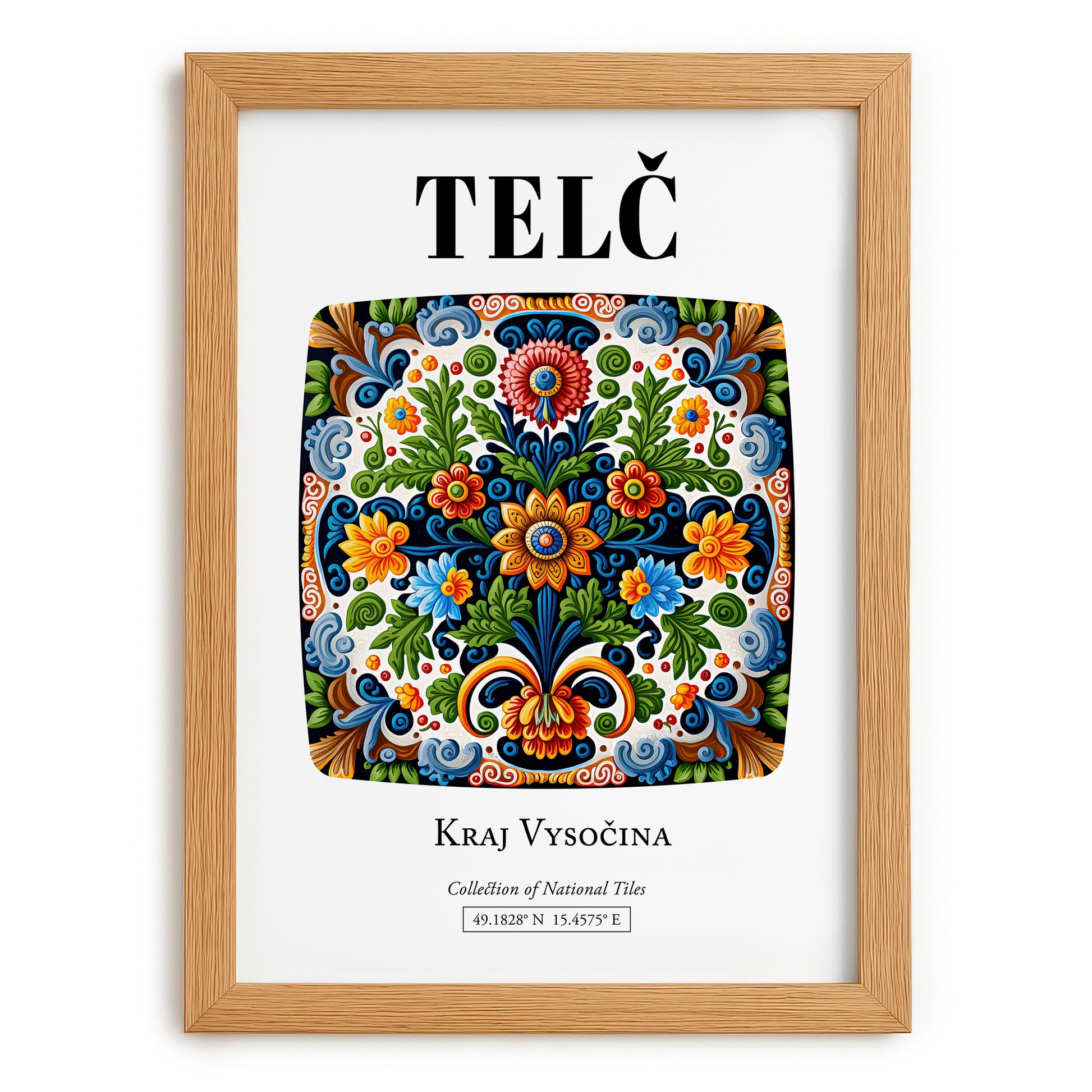 Telč, Czech Republic – Illustrated Travel Poster, set in oak frame