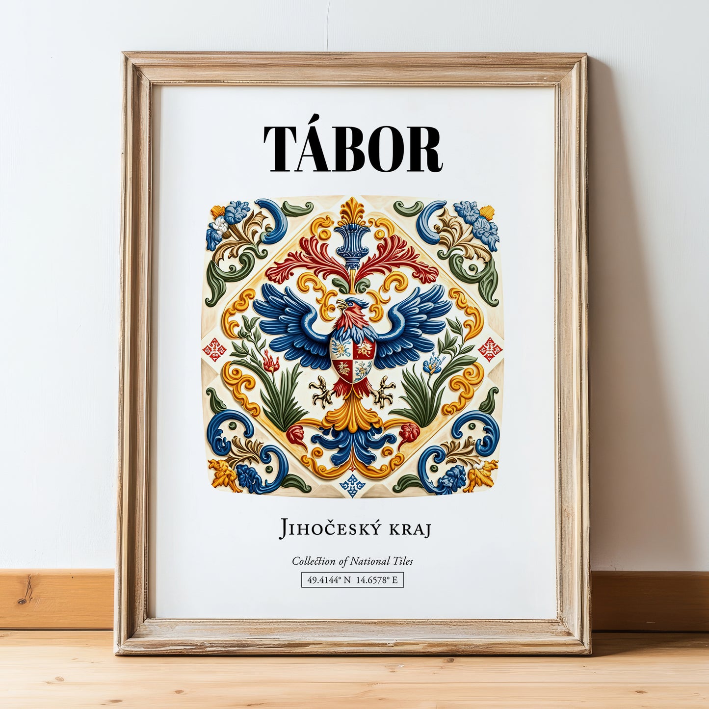 Tábor, Czech Republic – Travel Wall Art, in wooden frame leaning on the floor