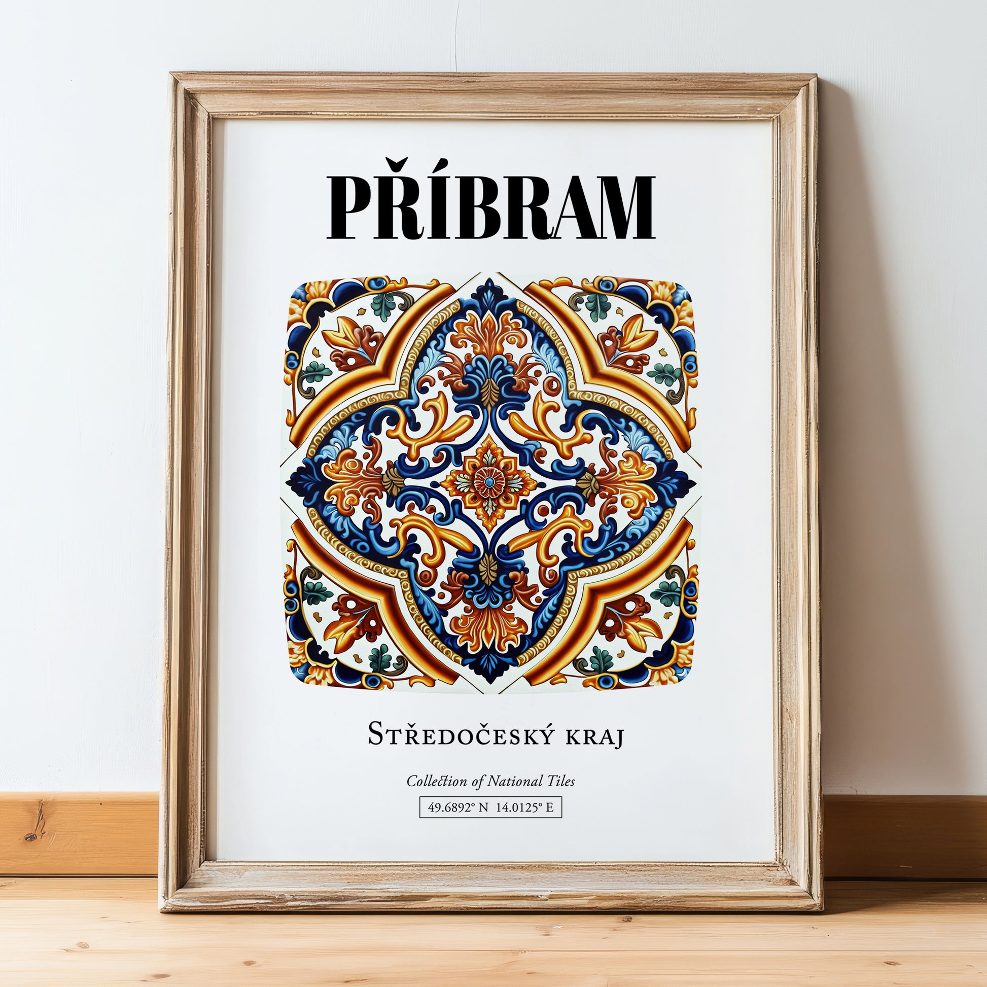 Příbram, Czech Republic – Travel Poster, in wooden frame leaning on the floor