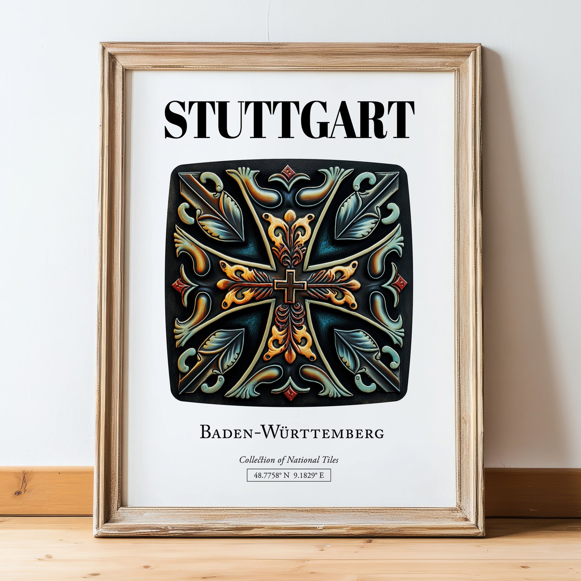 Stuttgart, Germany – Wanderlust-Inspired Poster, in wooden frame leaning on the floor