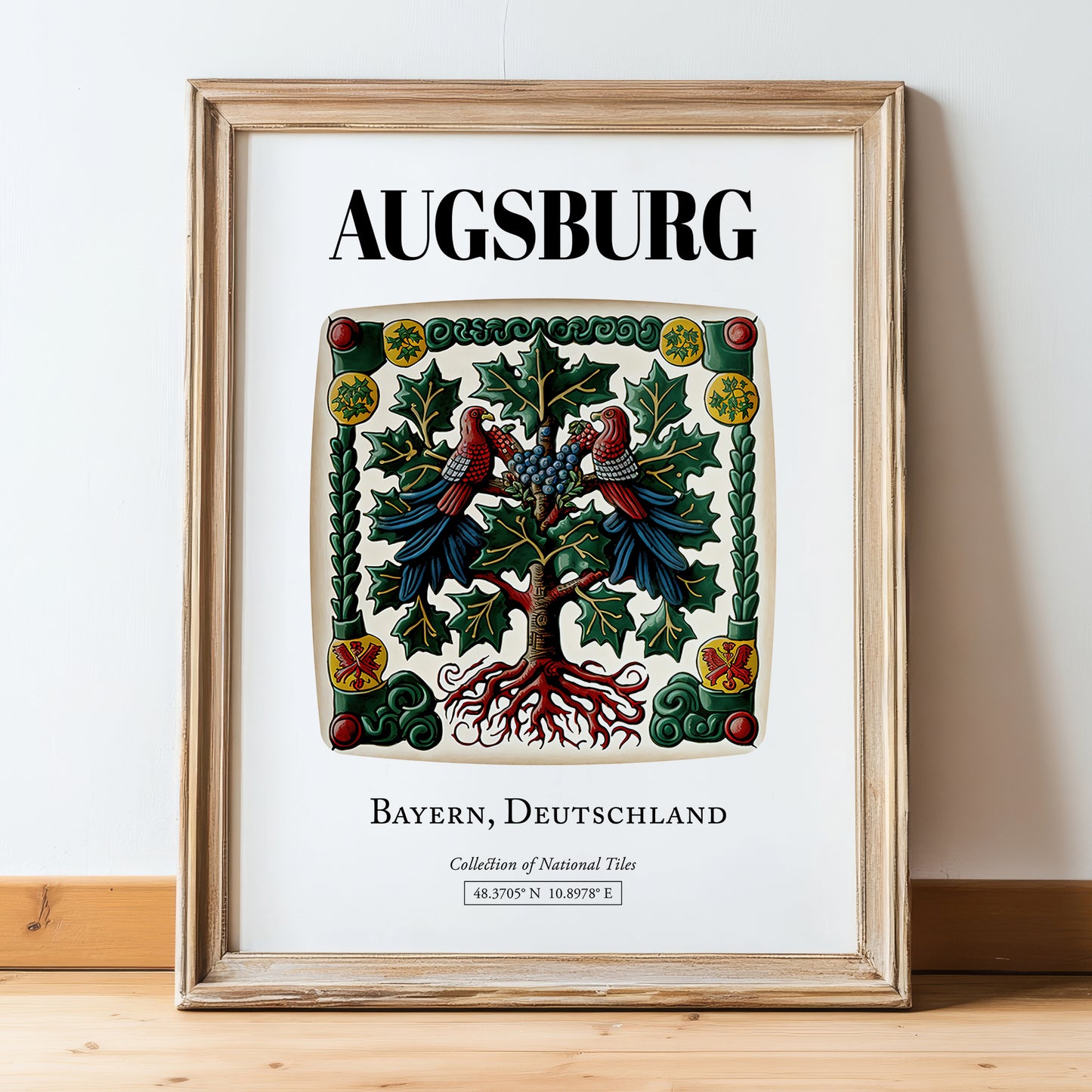 Augsburg, Germany – Travel Poster, in wooden frame leaning on the floor