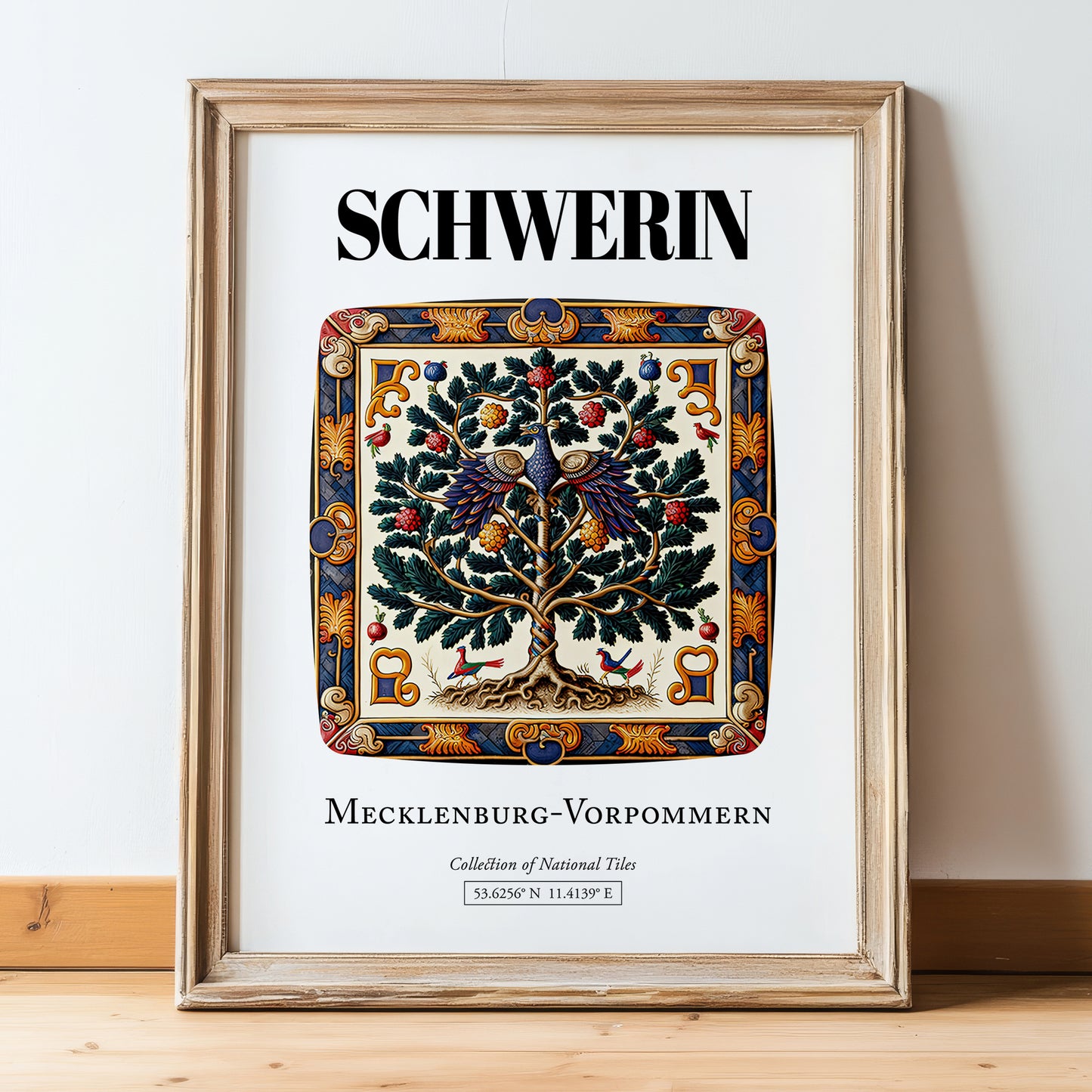 Schwerin, Germany – Travel Poster, in wooden frame leaning on the floor