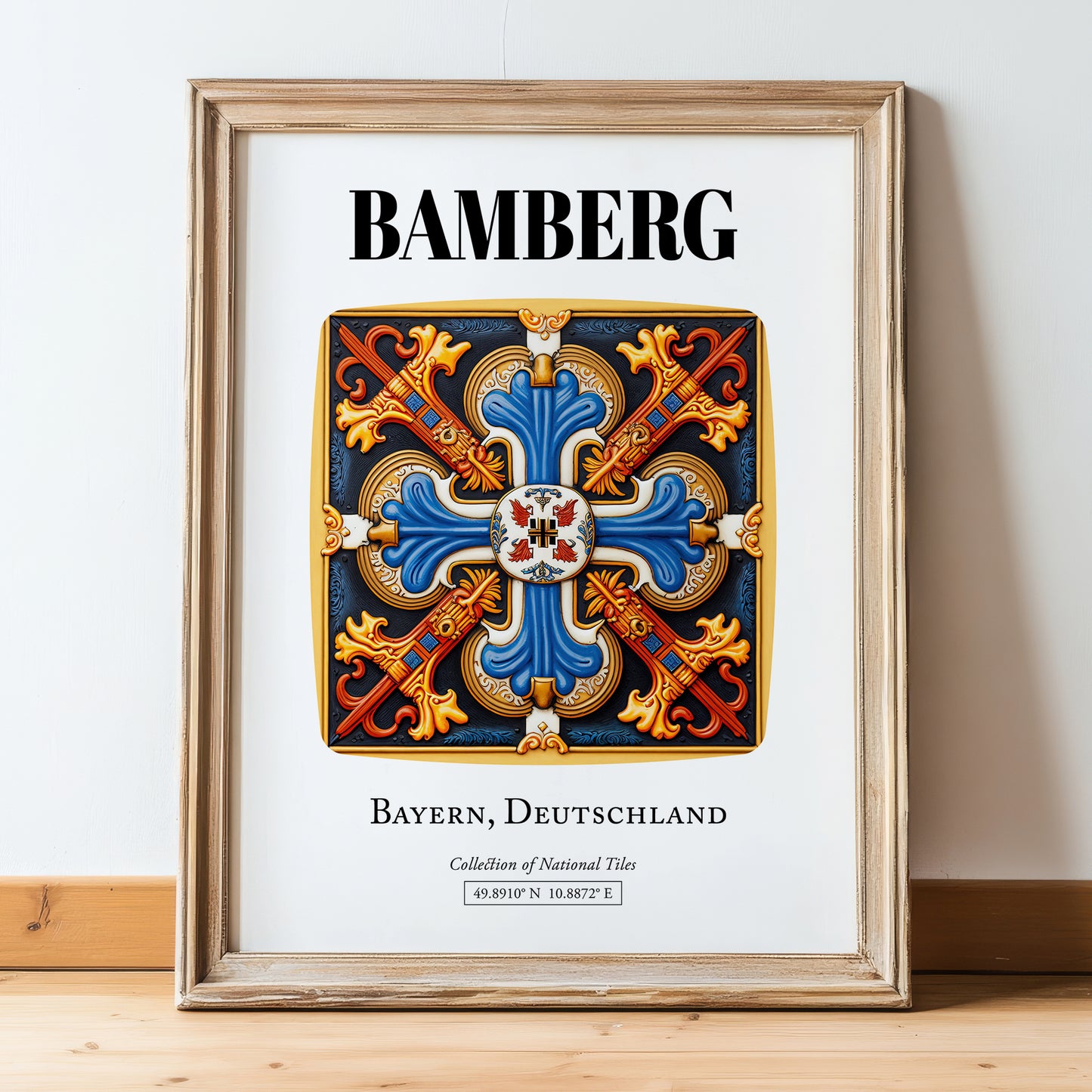 Bamberg, Germany – Travel Poster, in wooden frame leaning on the floor