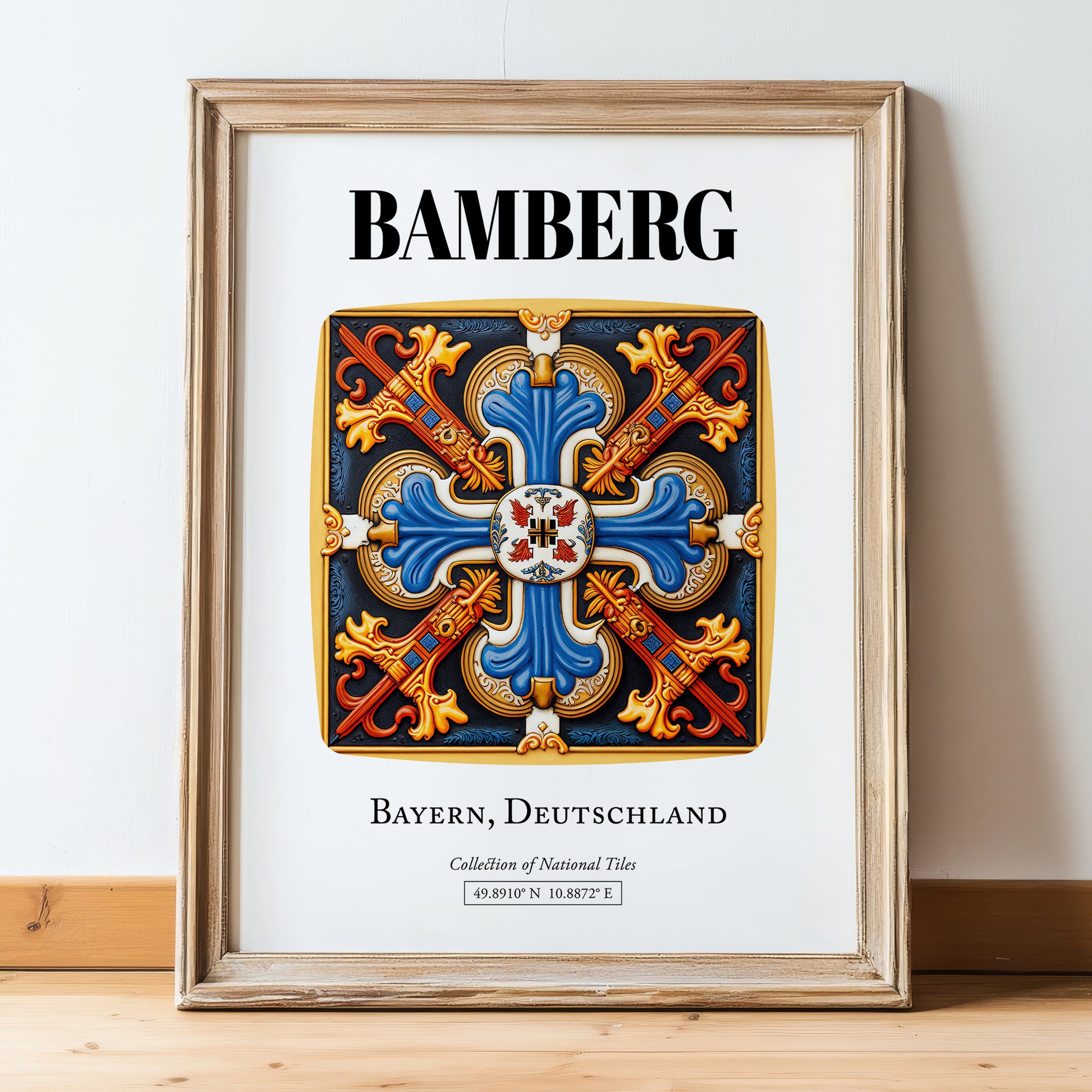 Bamberg, Germany – Travel Poster, in wooden frame leaning on the floor