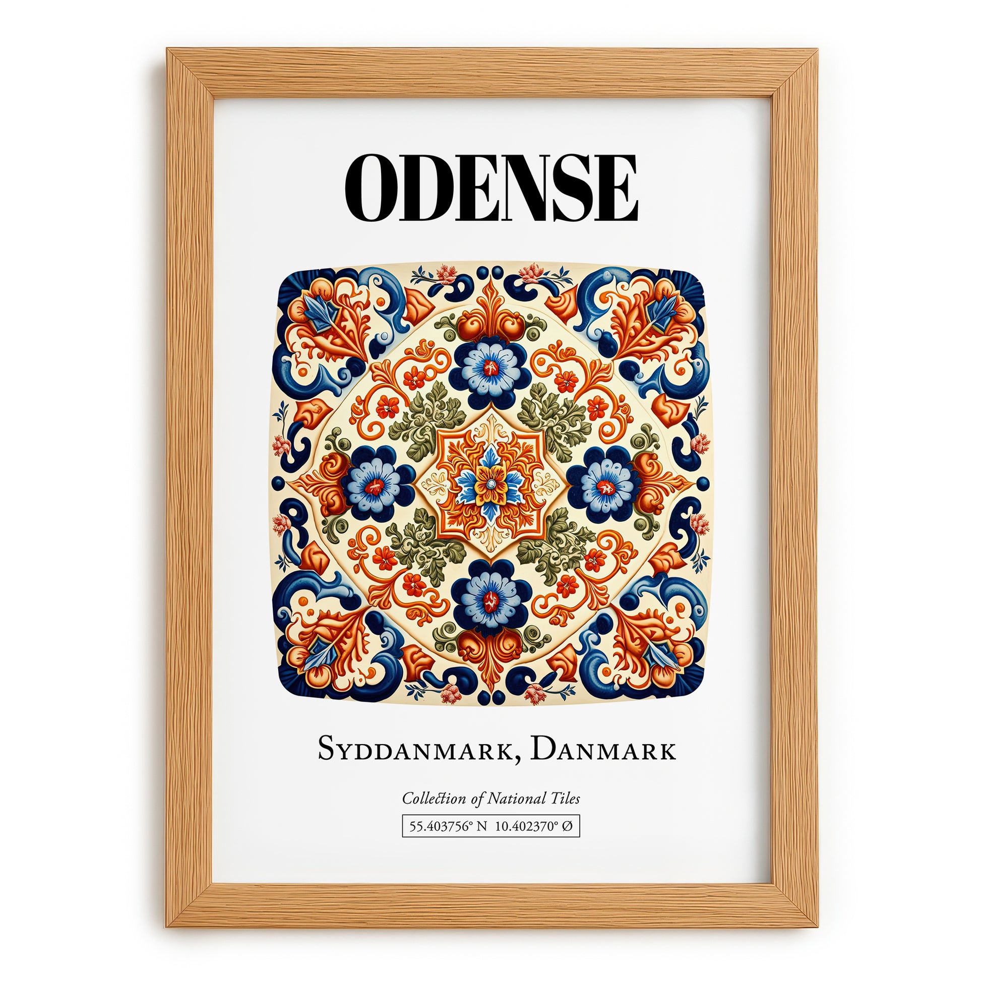 Odense, Denmark – Illustrated Travel Poster, set in oak frame