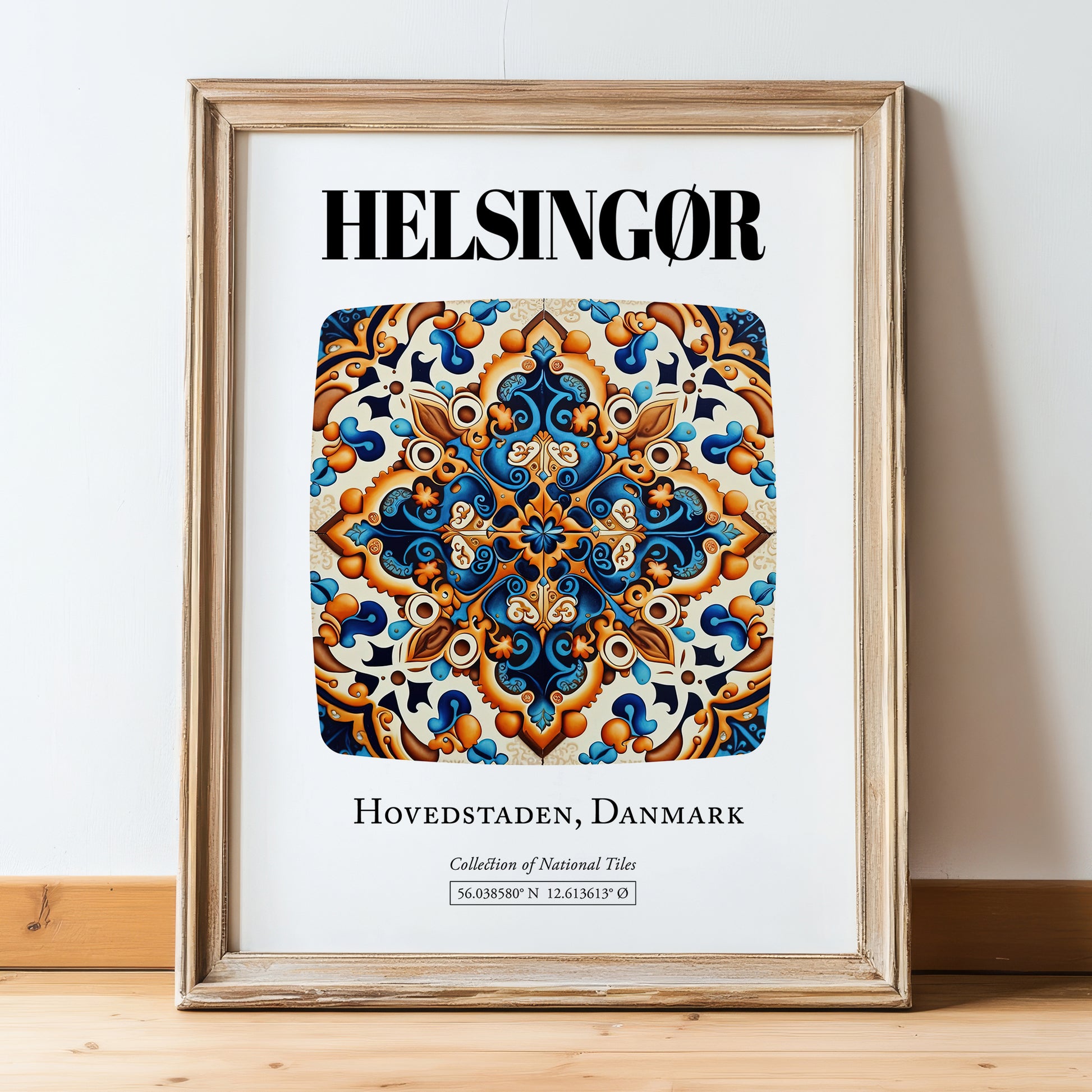 Helsingør, Denmark – Vintage Travel Poster, in wooden frame leaning on the floor